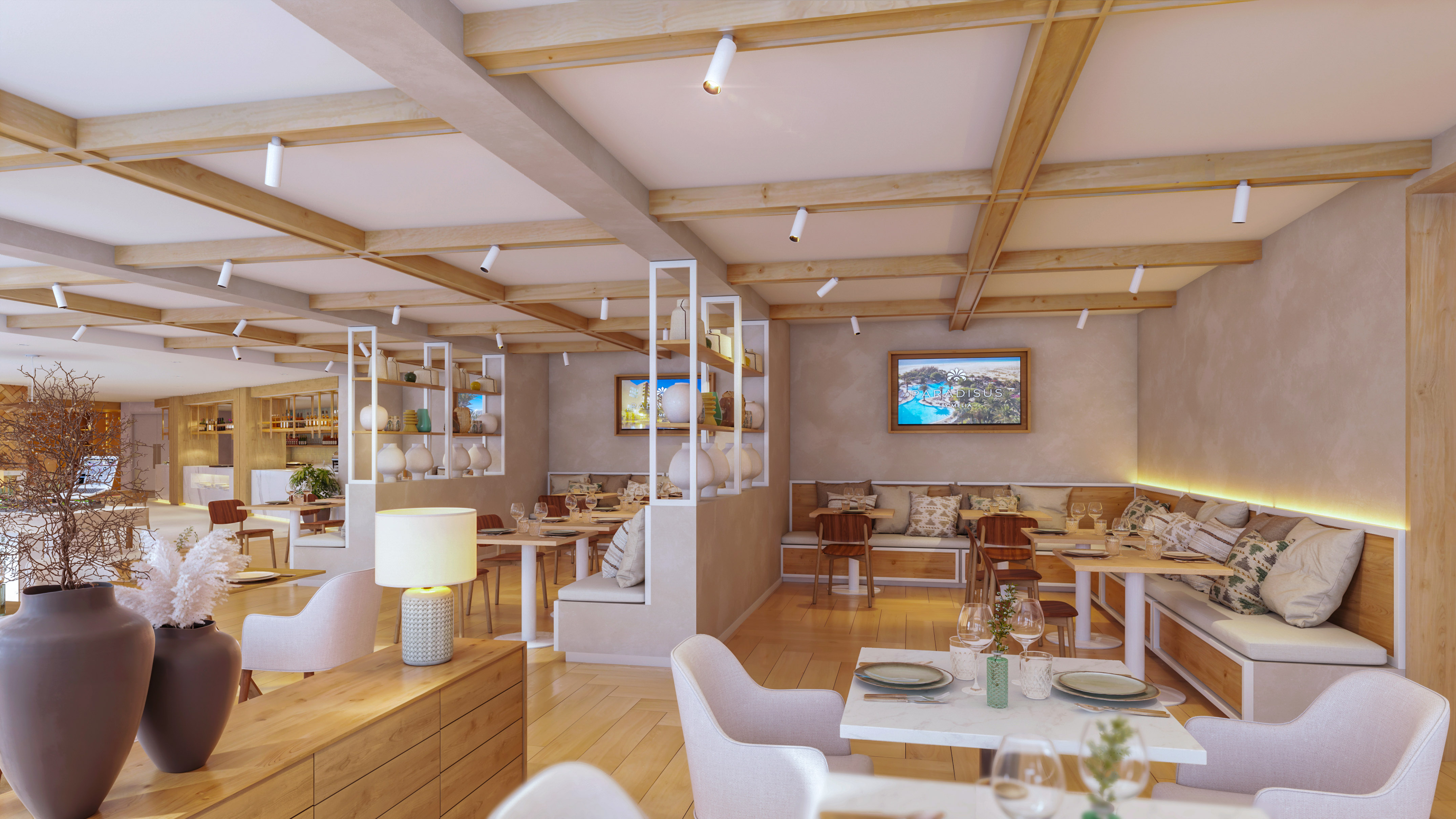 Elegant resort restaurant with light wood and white decor, set tables.