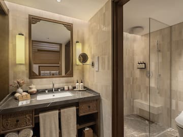 a bathroom with a mirror and a shower