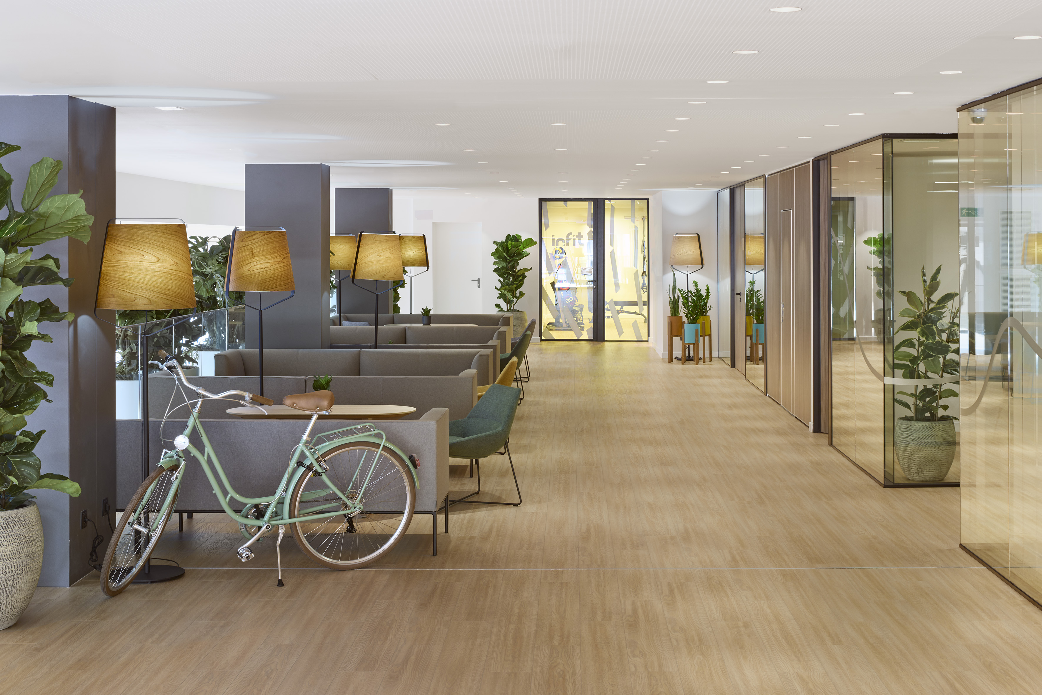 Green bicycle in modern lounge with sofas, floor lamps, plants, and fitness area.