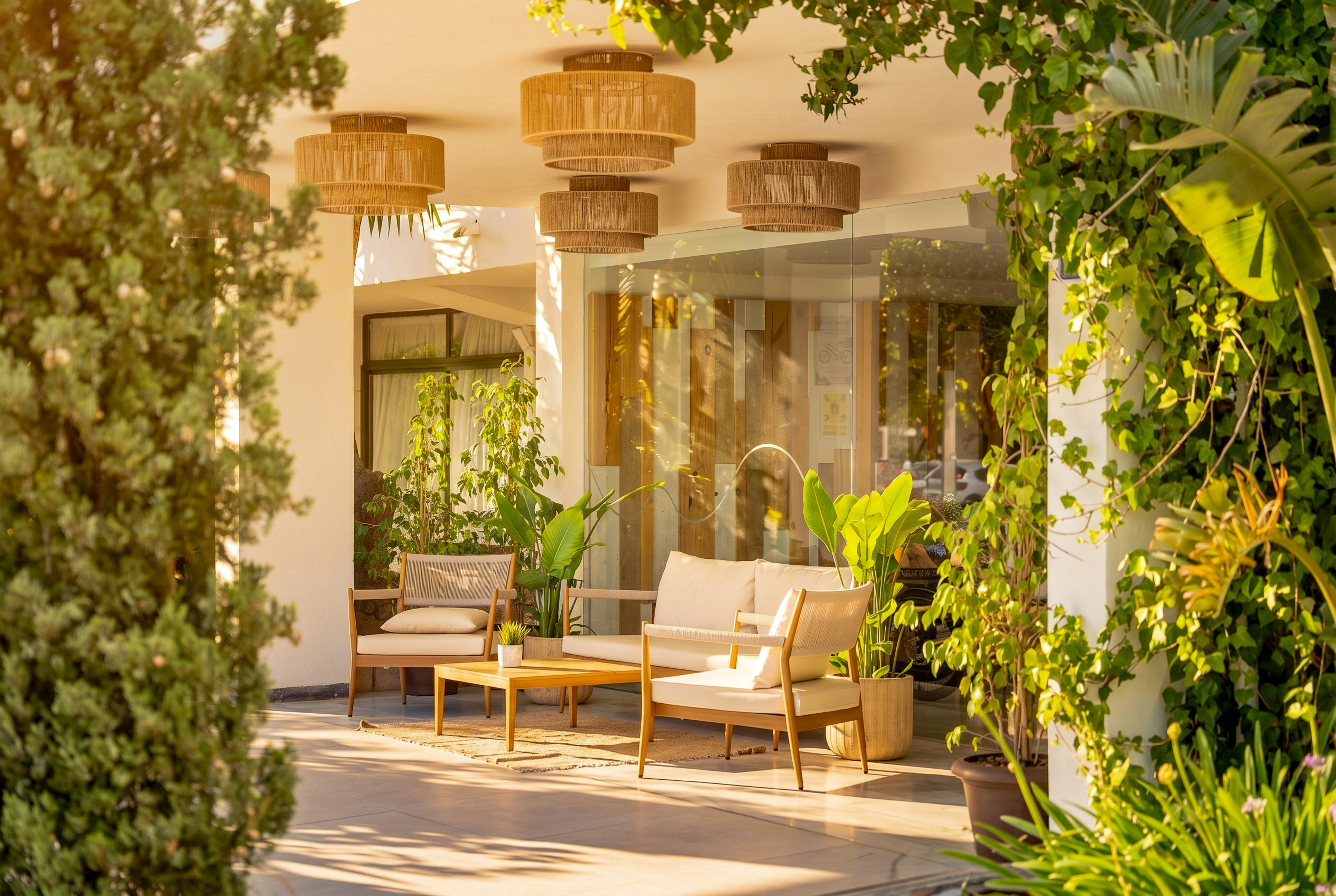 Modern outdoor lounge patio with light furniture, rattan lights, and lush plants.