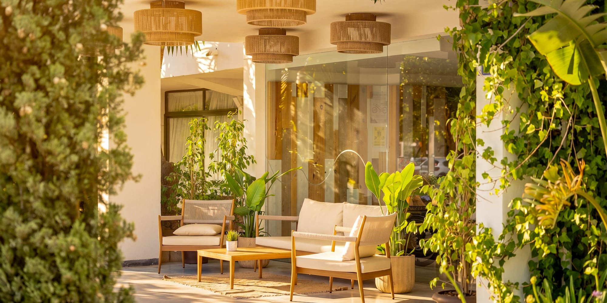 Modern outdoor lounge patio with light furniture, rattan lights, and lush plants.