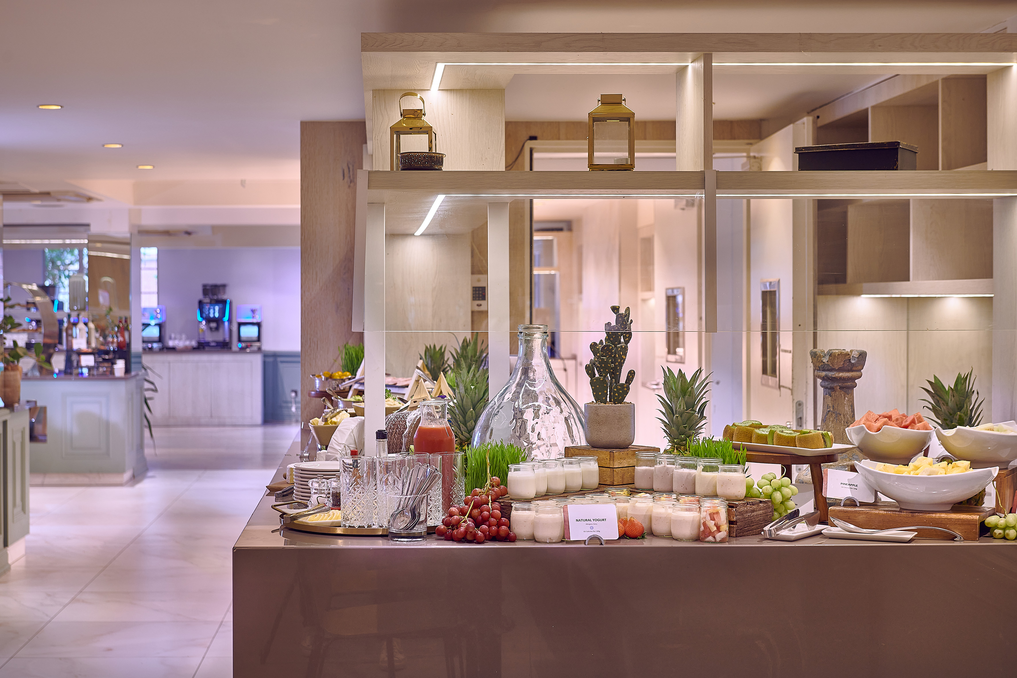 a buffet table with food on it