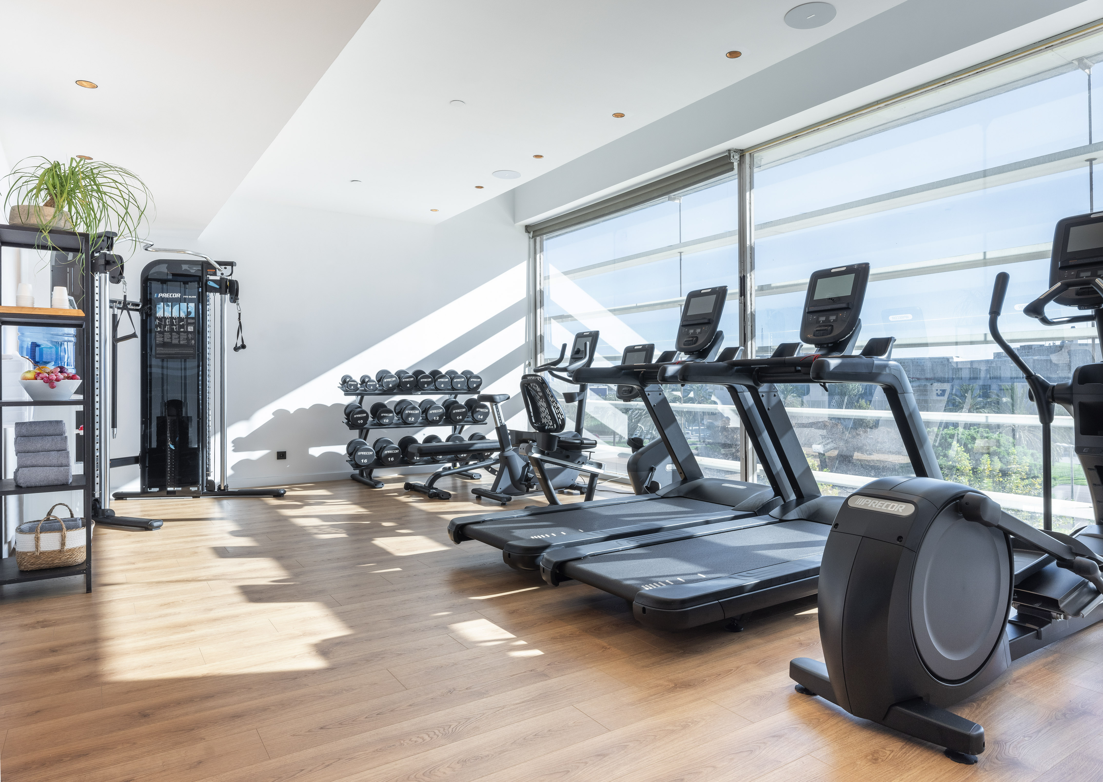 Bright fitness center with treadmills, ellipticals, dumbbells, and large windows.