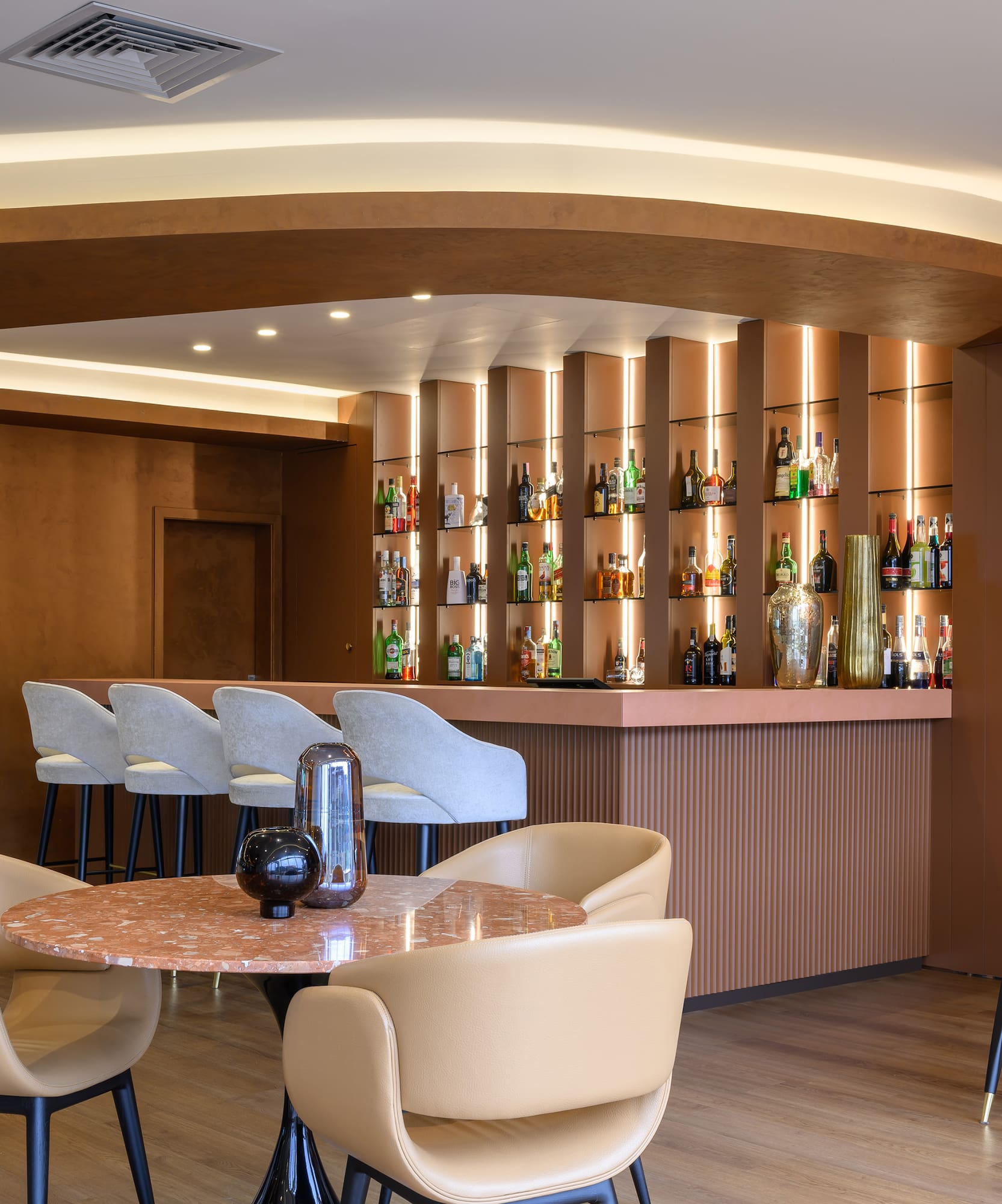 a room with a table and chairs