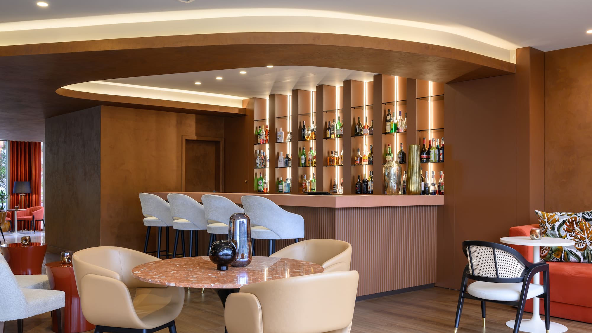 a room with a table and chairs