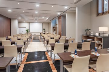 a room with tables and chairs