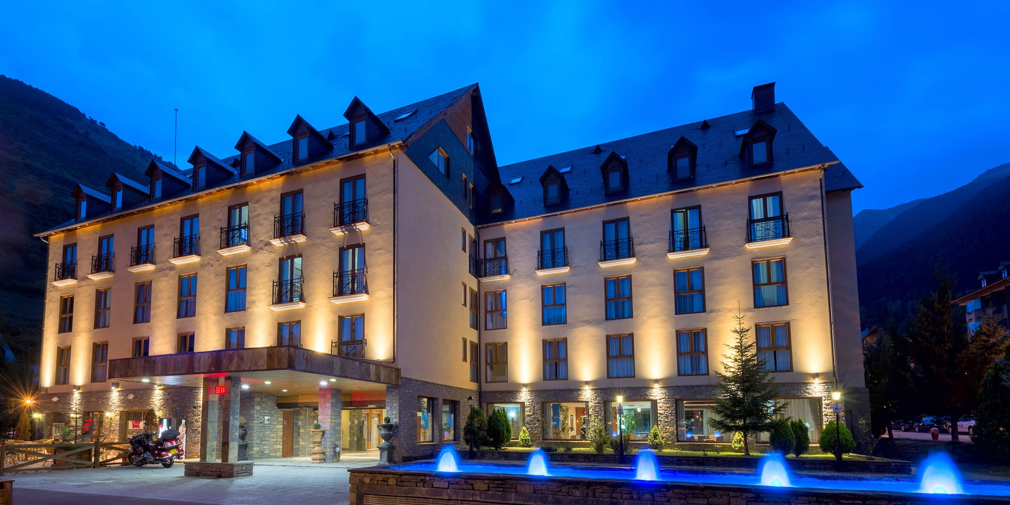 a building with lights on the front