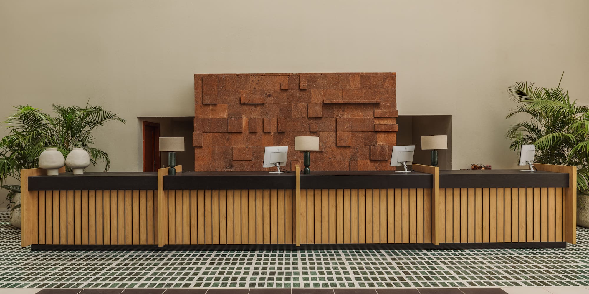 a reception desk in a building