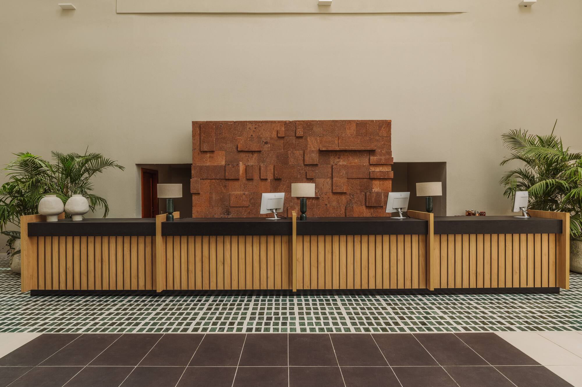 a reception desk in a building