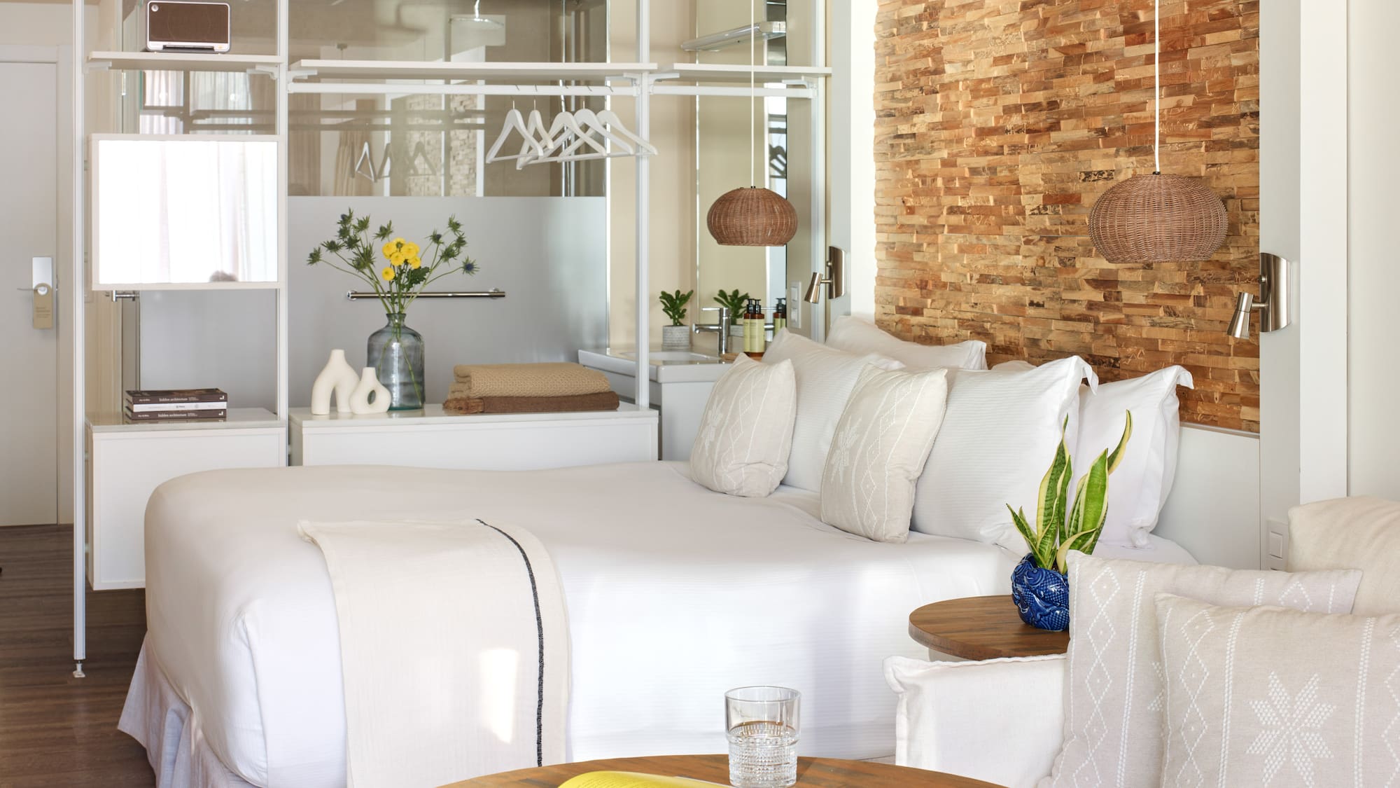 a room with a bed and a table