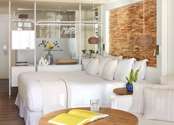 a room with a bed and a table