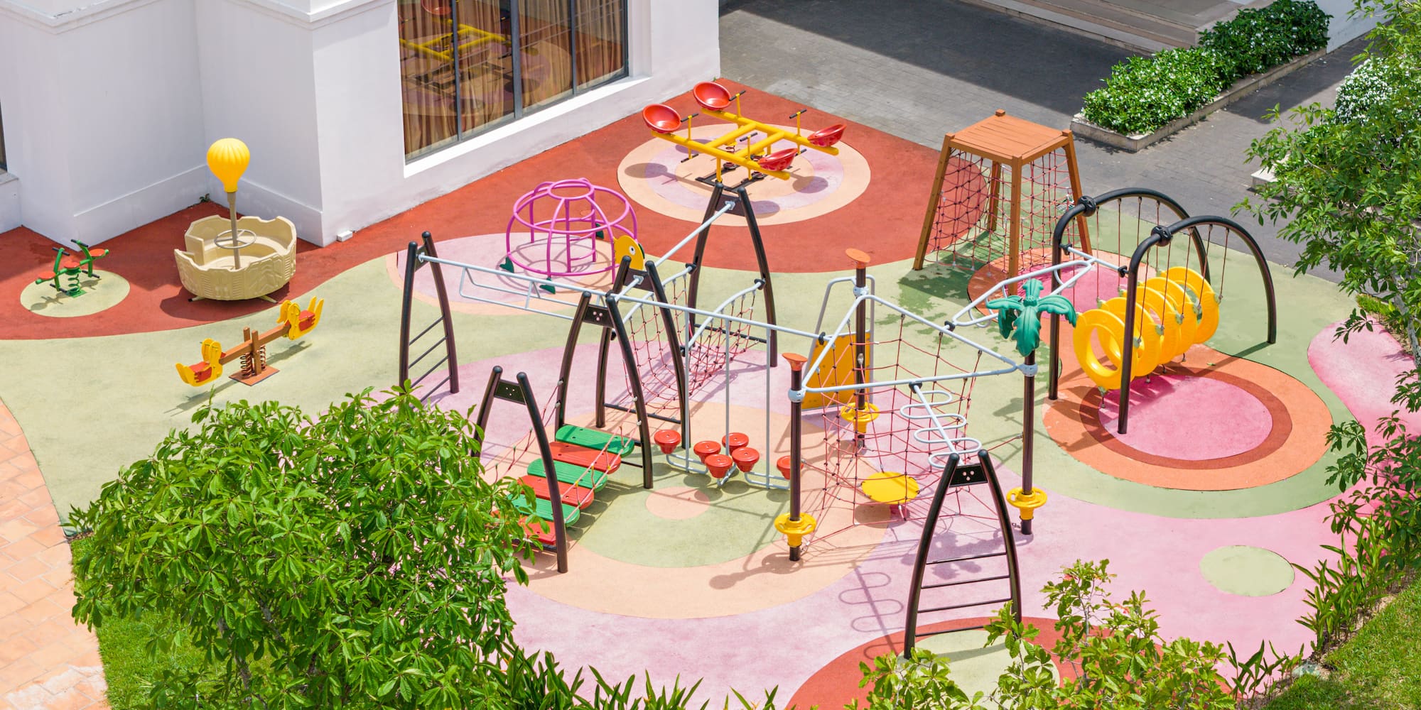 a playground with colorful play equipment