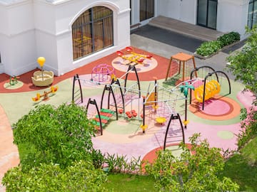 a playground with colorful play equipment
