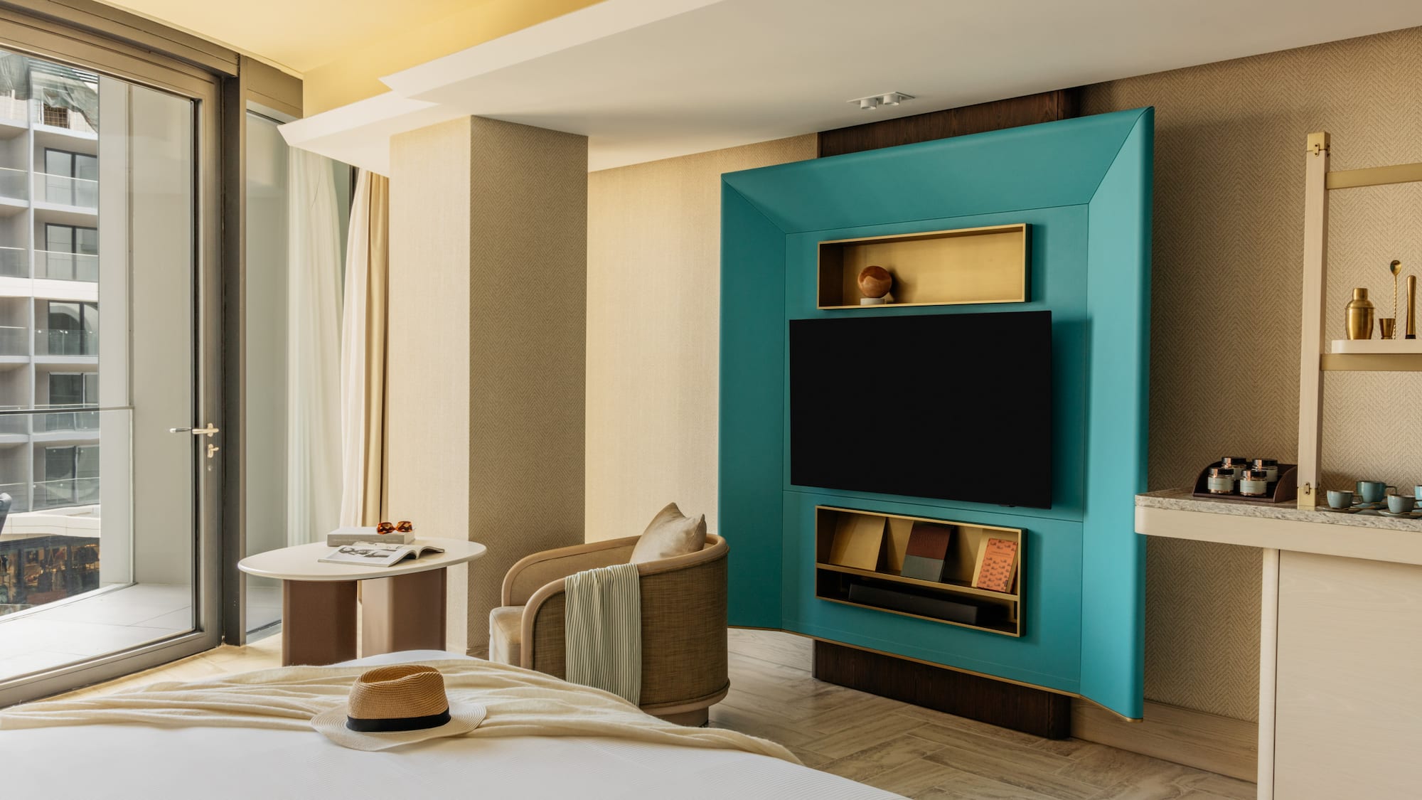 a room with a bed and a tv