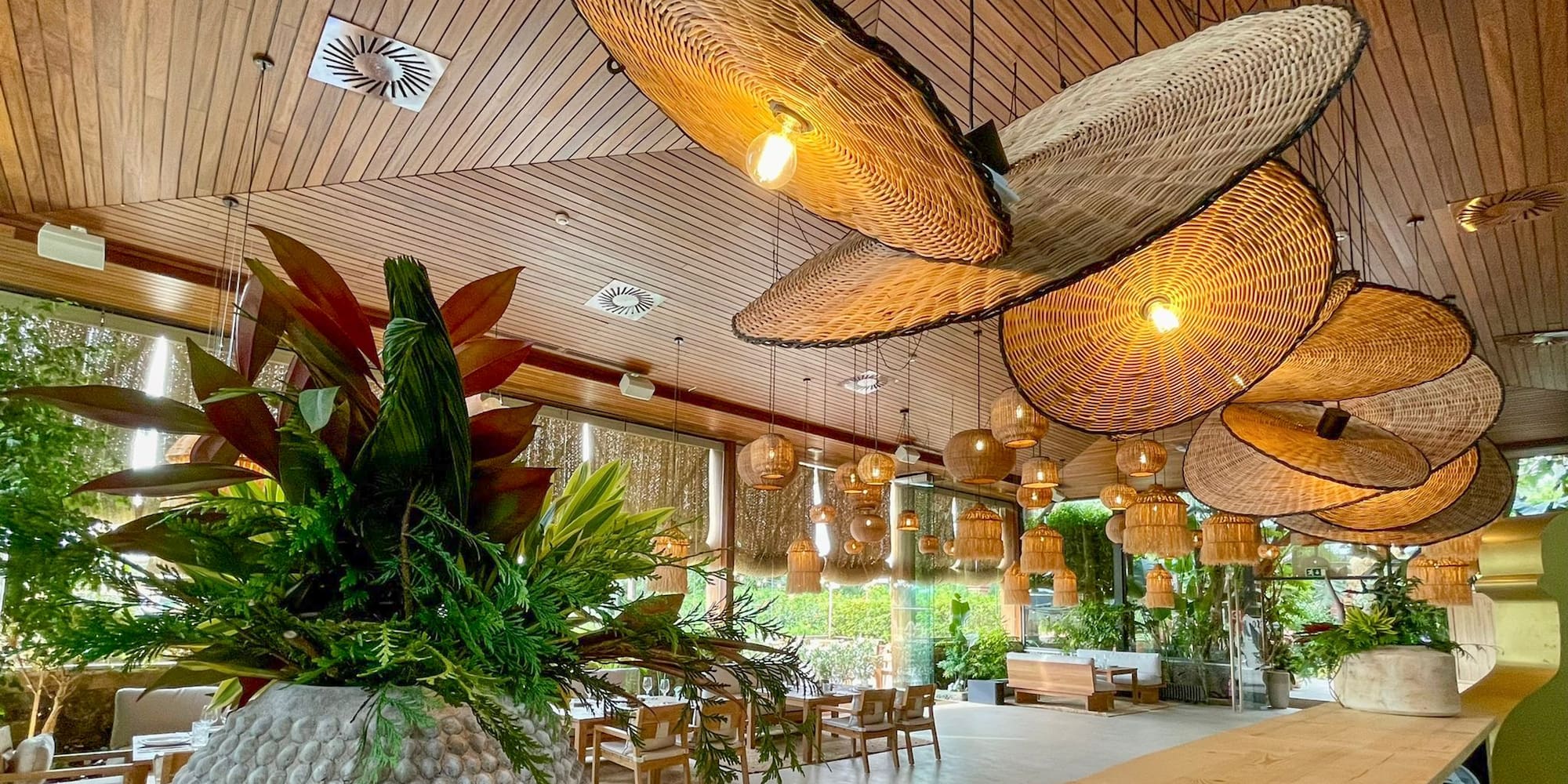 a room with a large table and chairs and a large planter