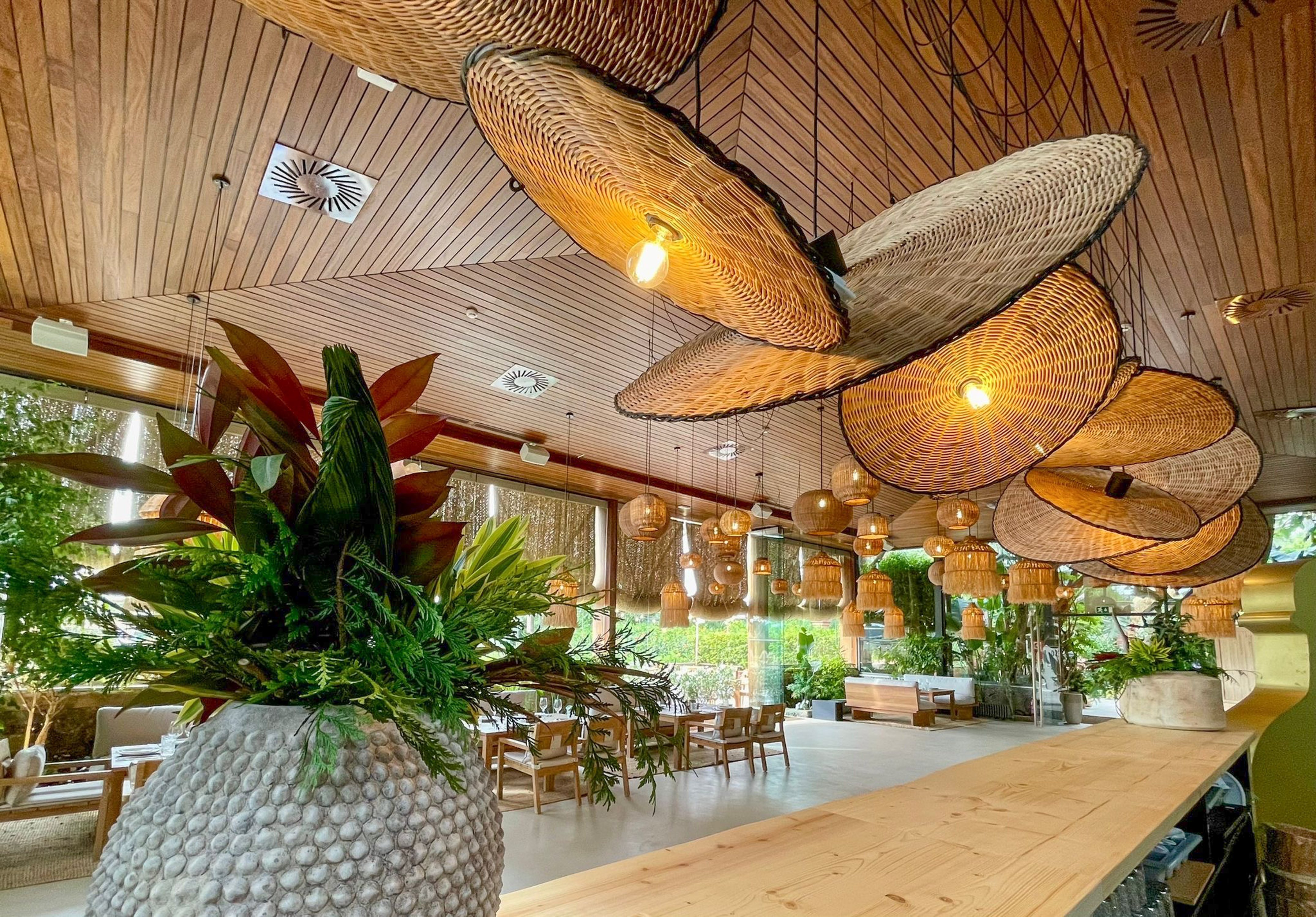 Boho restaurant interior with rattan pendant lights, wooden ceiling, and lush greenery.