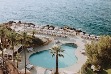 a pool and palm trees by the water