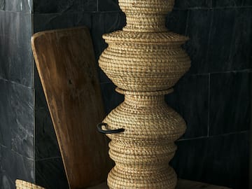a stack of woven baskets