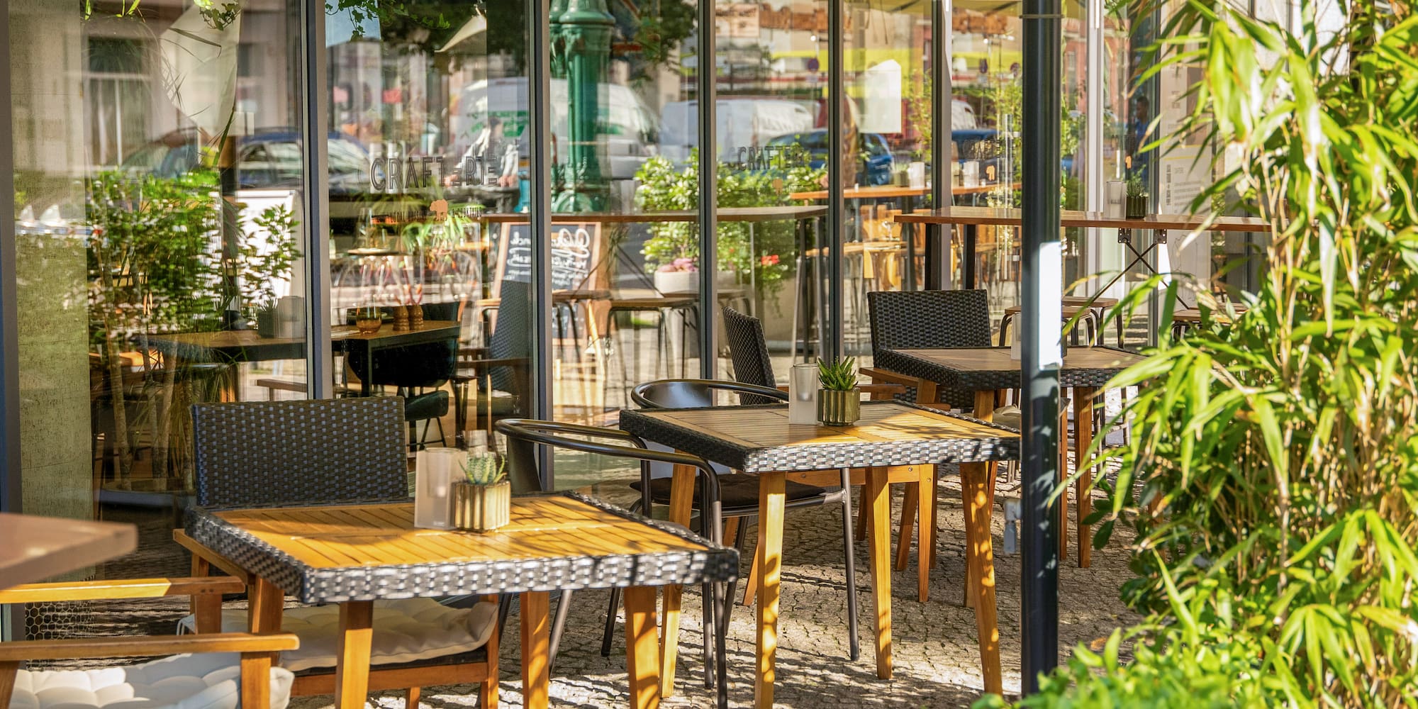 a tables and chairs outside a building