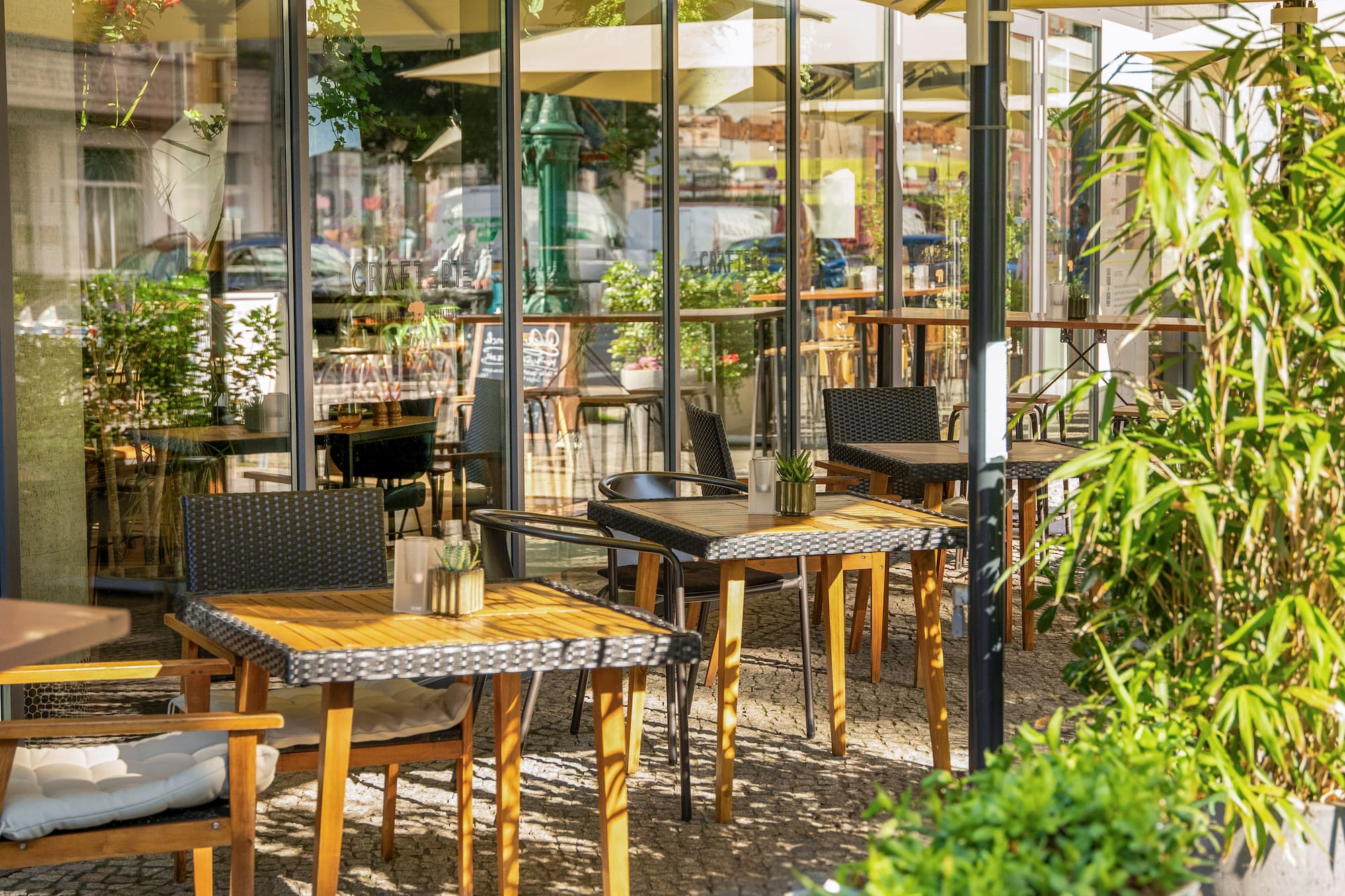 a tables and chairs outside a building