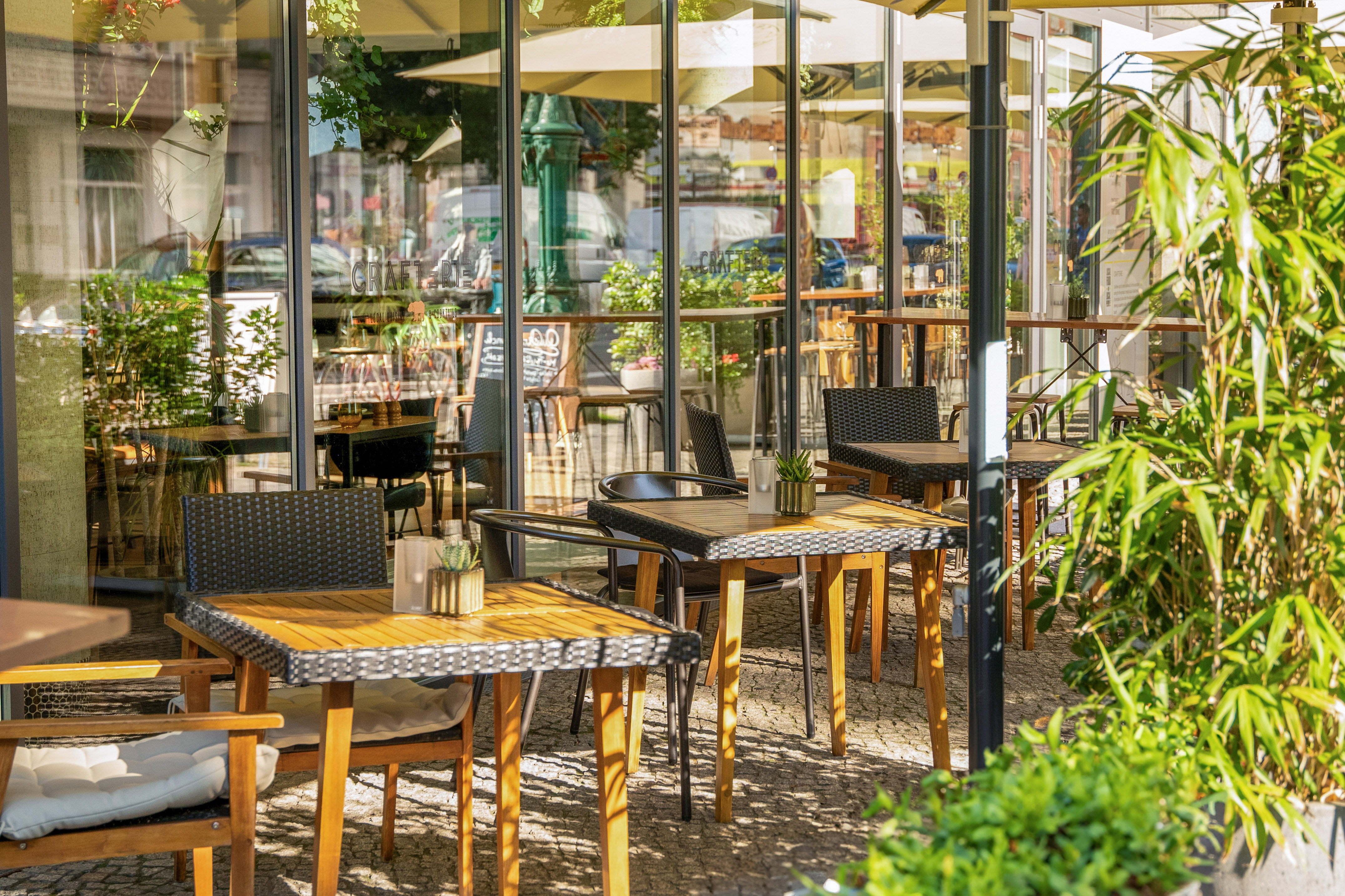 a tables and chairs outside a building