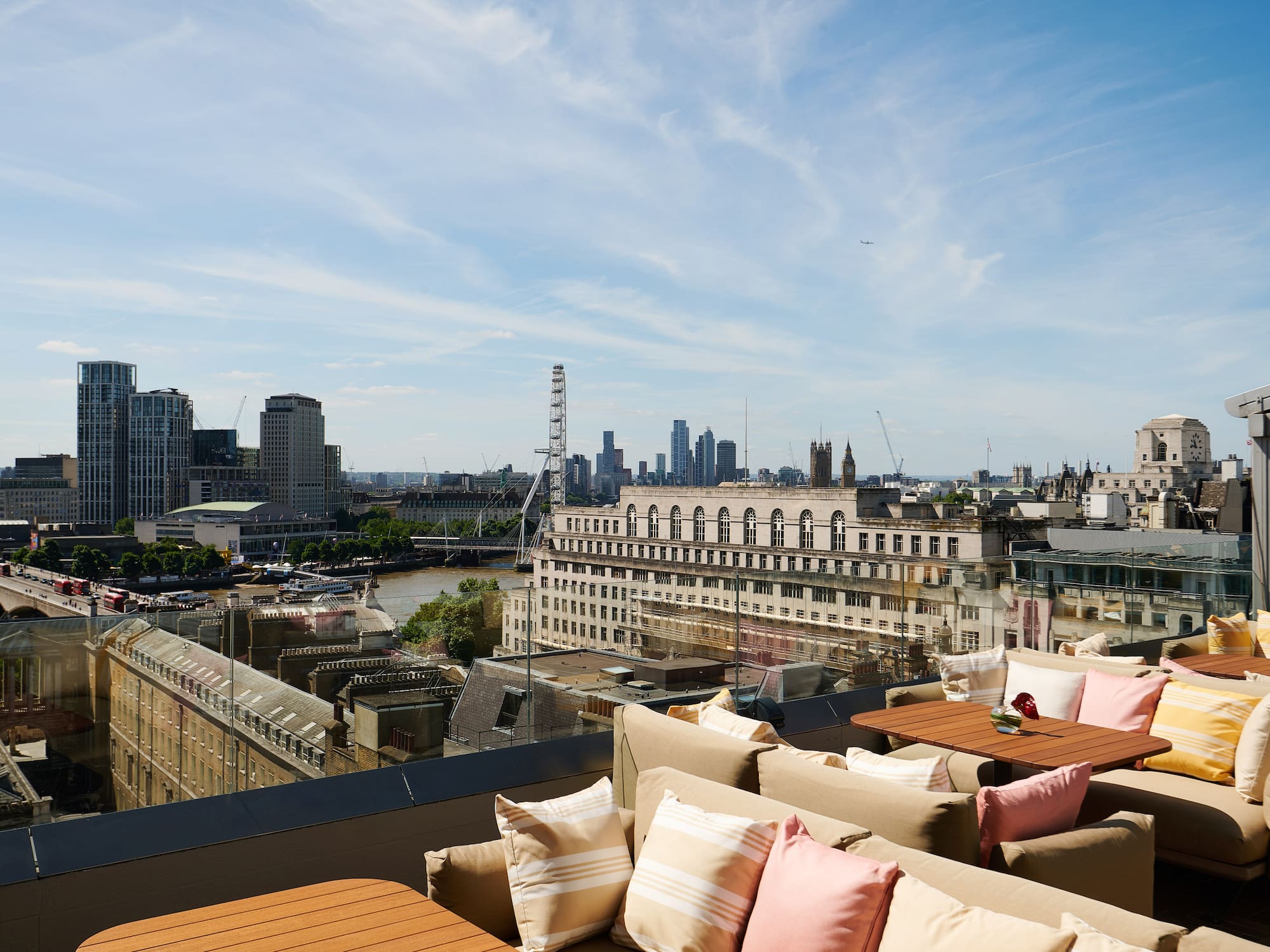 Sunny London rooftop terrace, city skyline, London Eye, River Thames views.