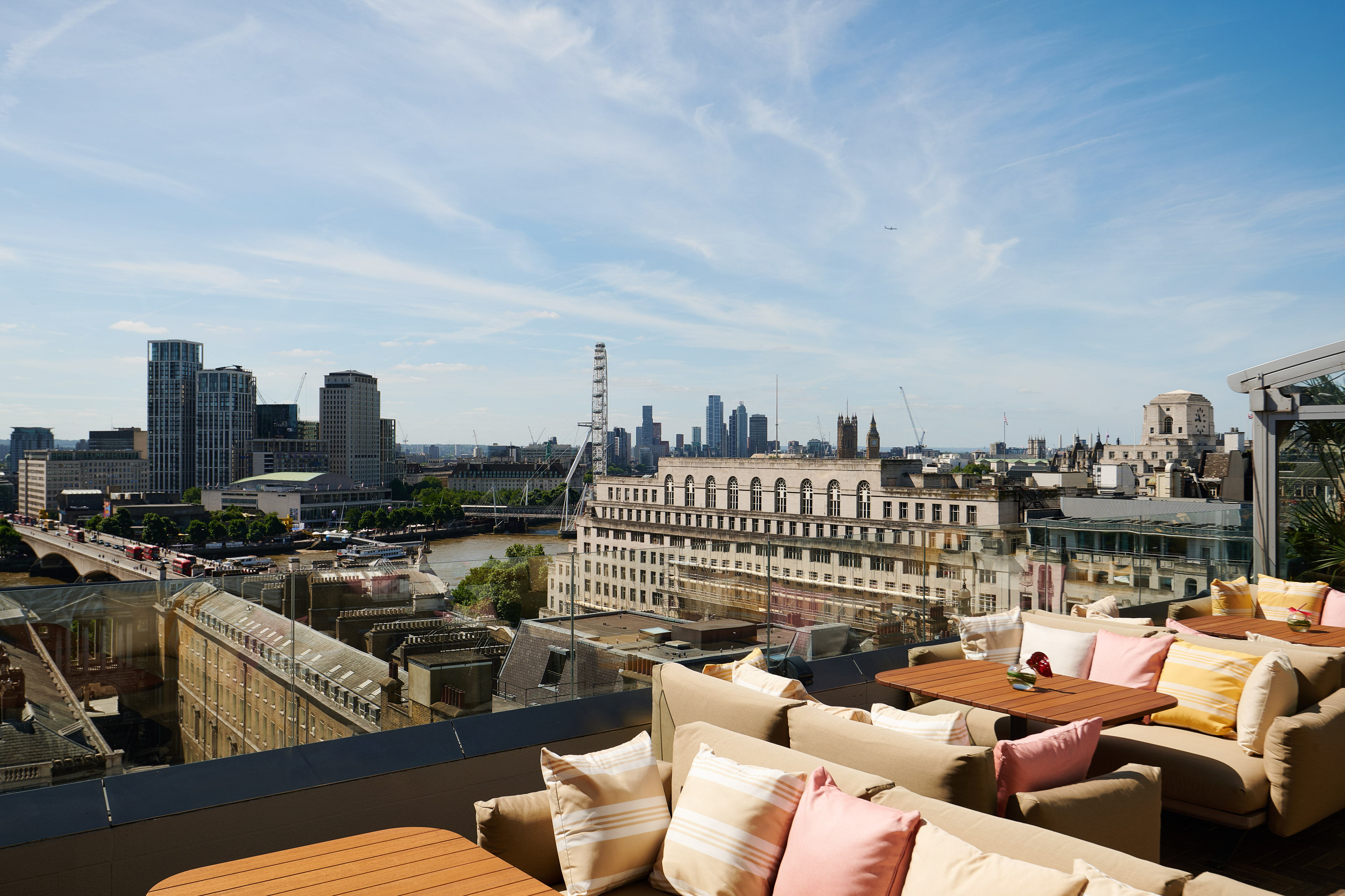 Sunny London rooftop terrace, city skyline, London Eye, River Thames views.