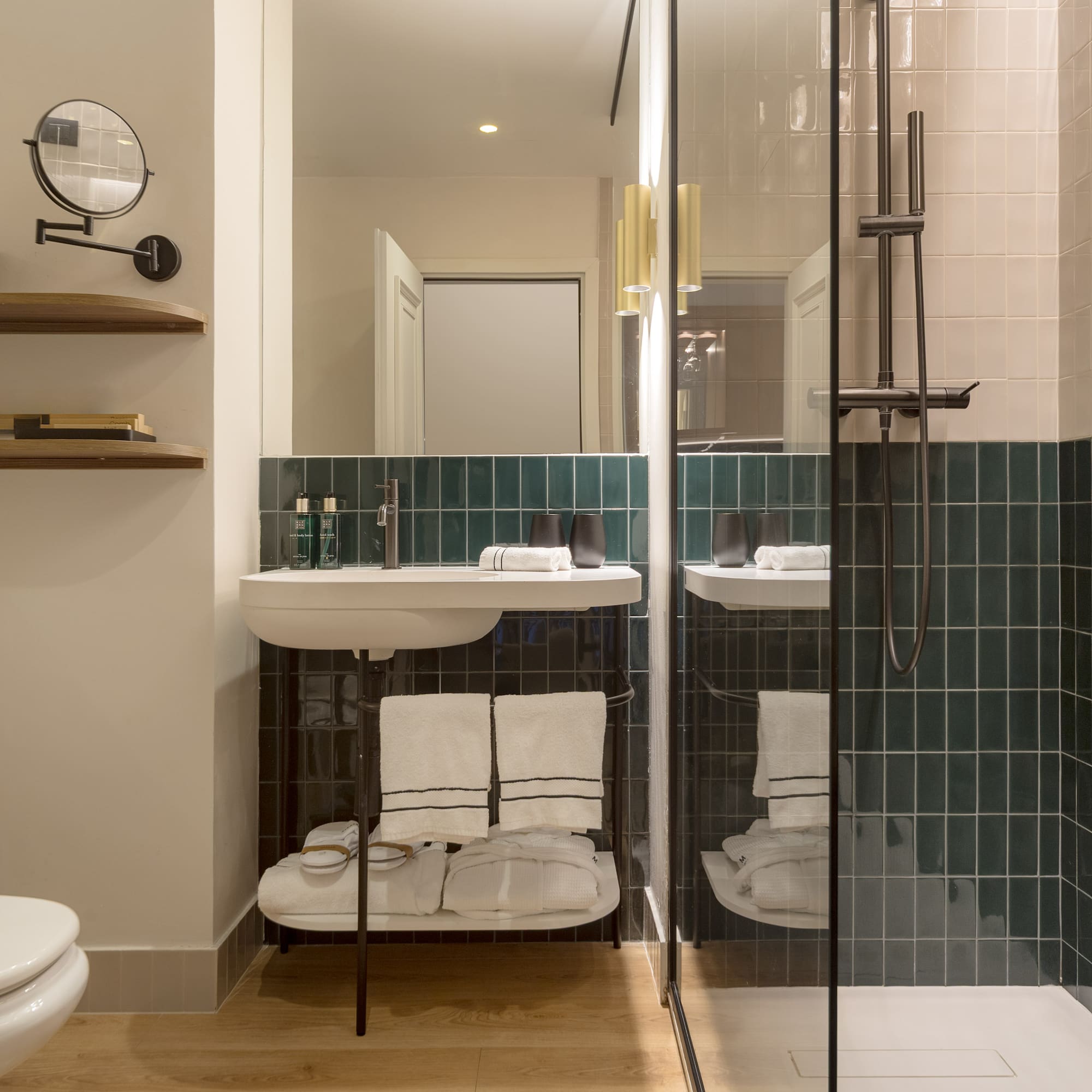 a bathroom with a shower and sink