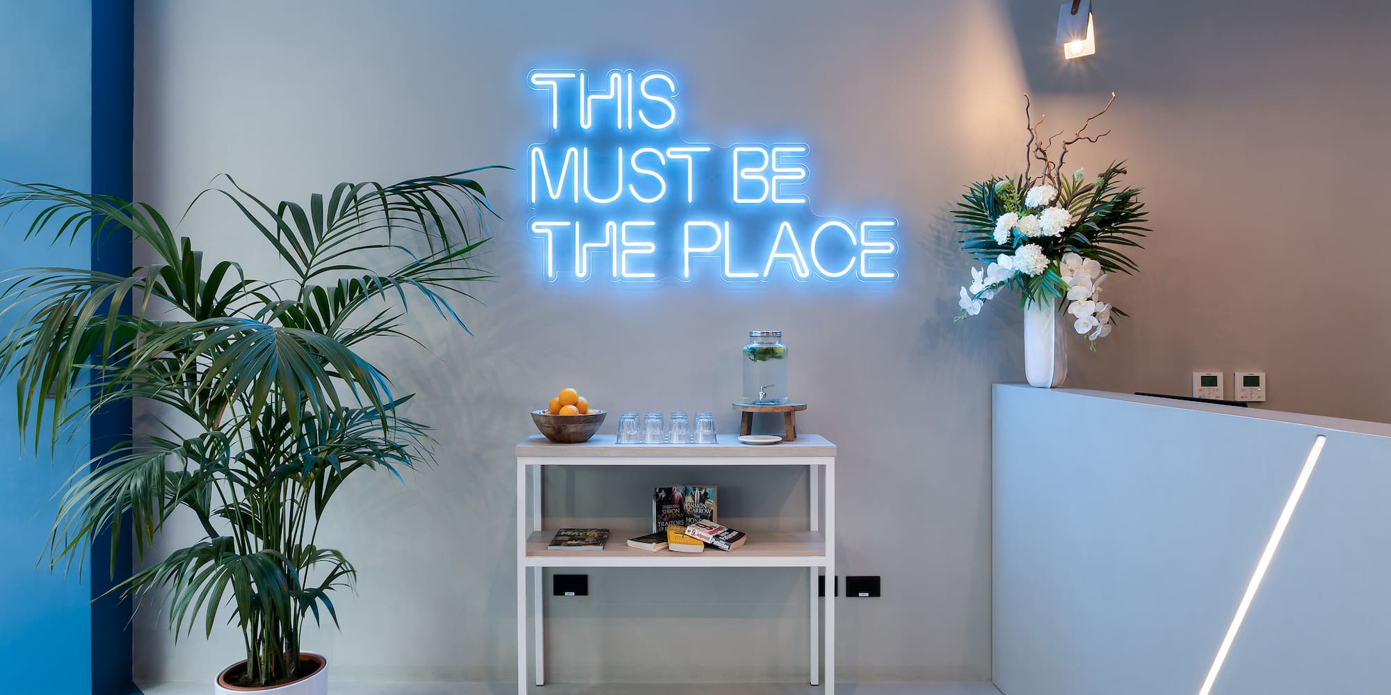 a room with a table and plants