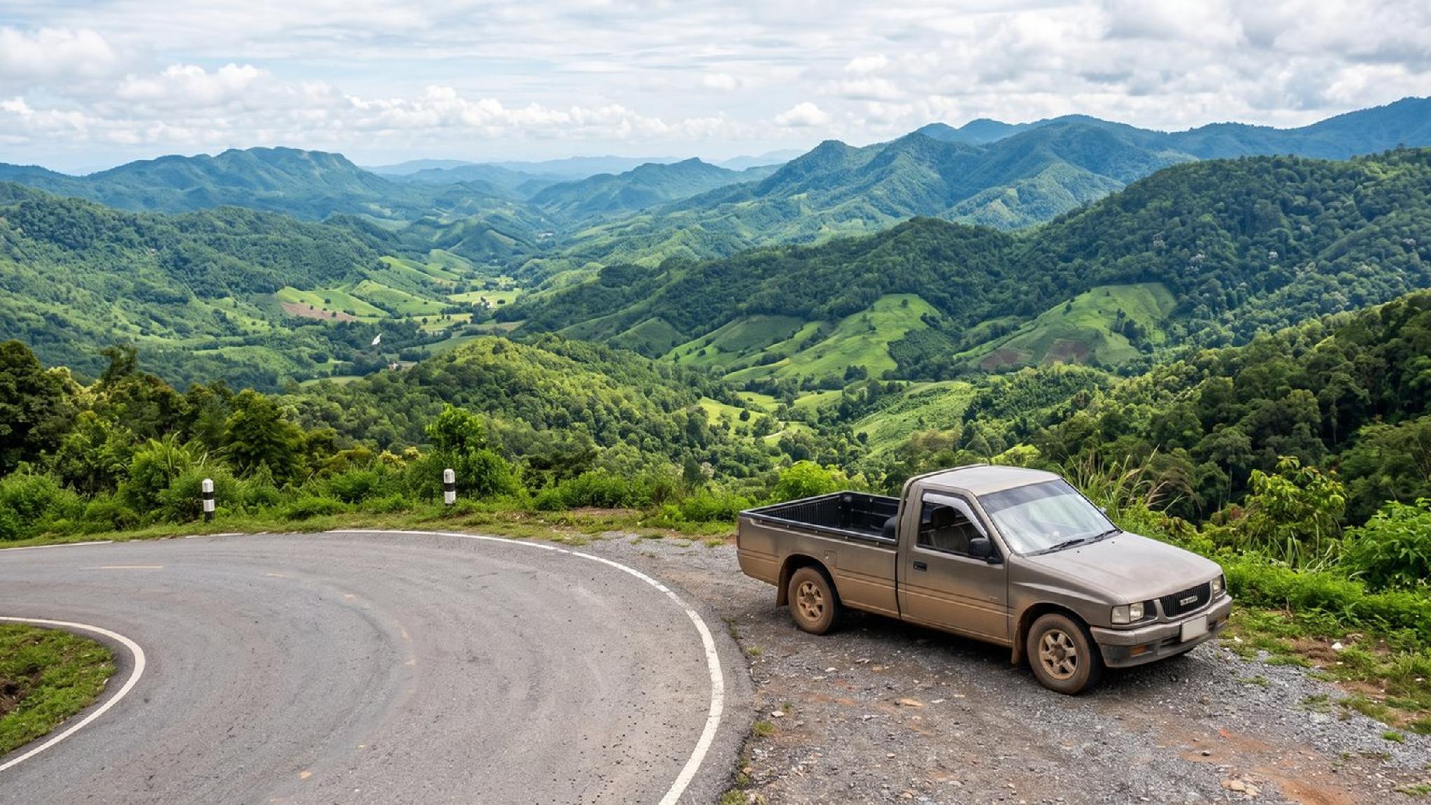 Pickup truck on scenic mountain road overlooking lush green valleys and hills.