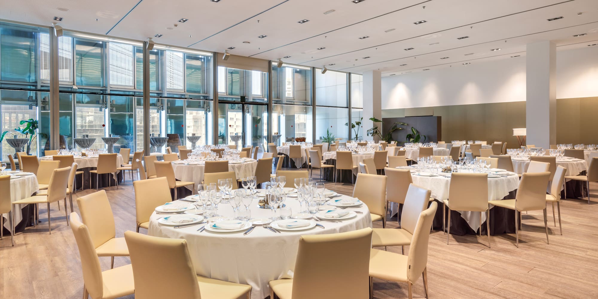 a large room with tables and chairs