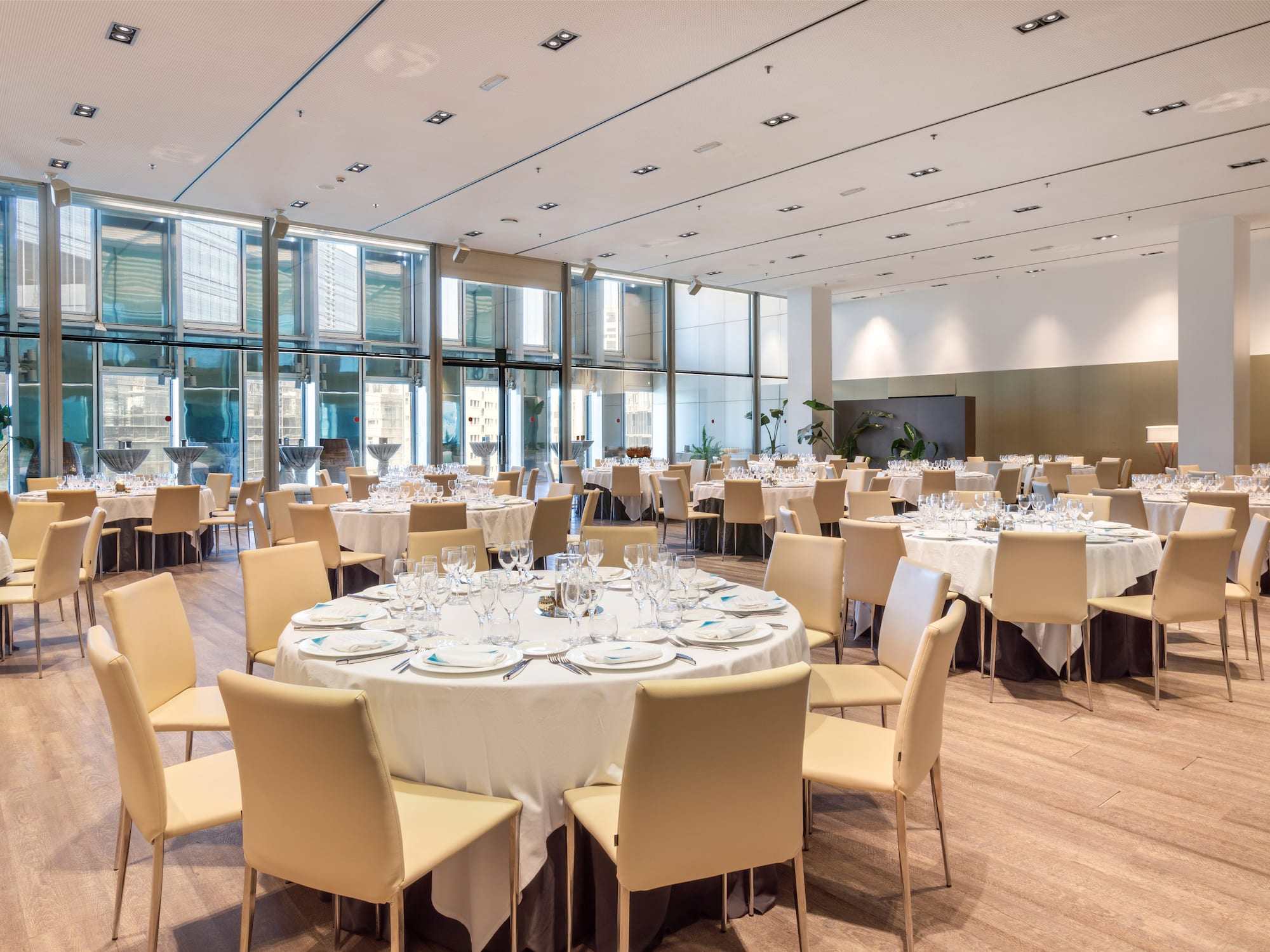 a large room with tables and chairs