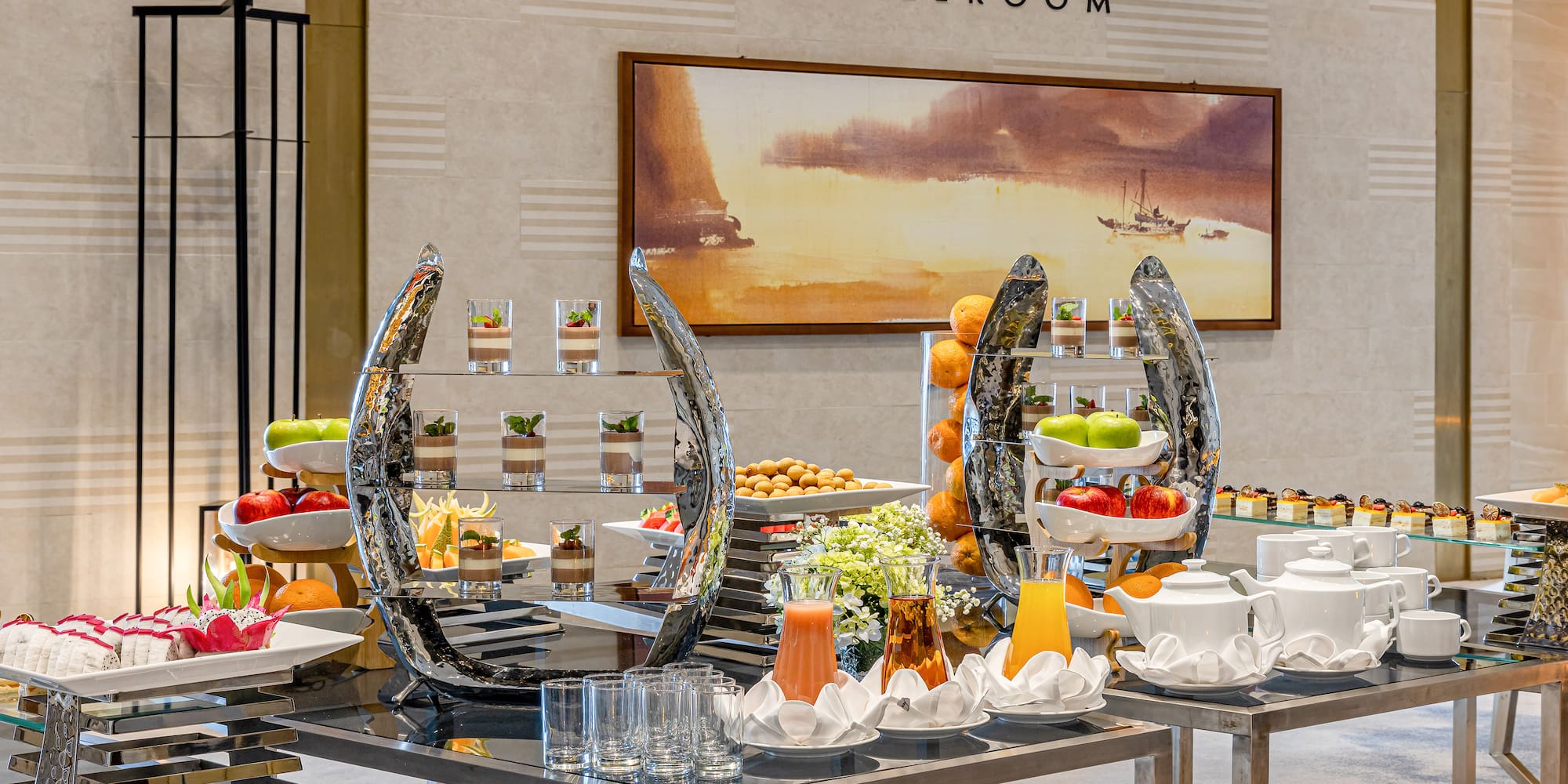 a buffet table with food on it