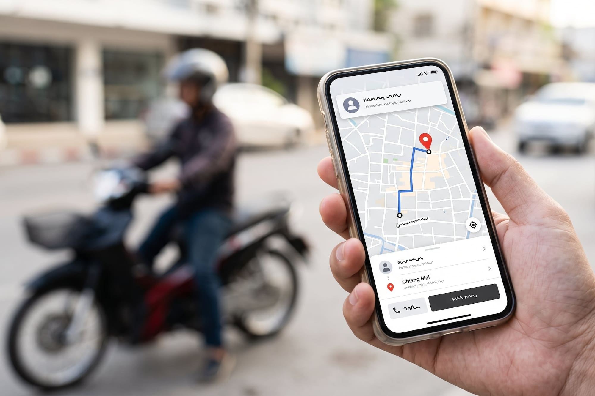 Mobile app navigation with Chiang Mai destination, motorcycle service.