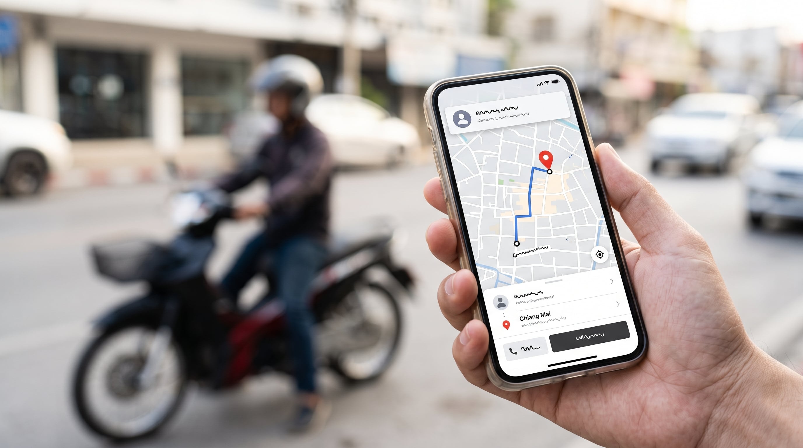Mobile app navigation with Chiang Mai destination, motorcycle service.