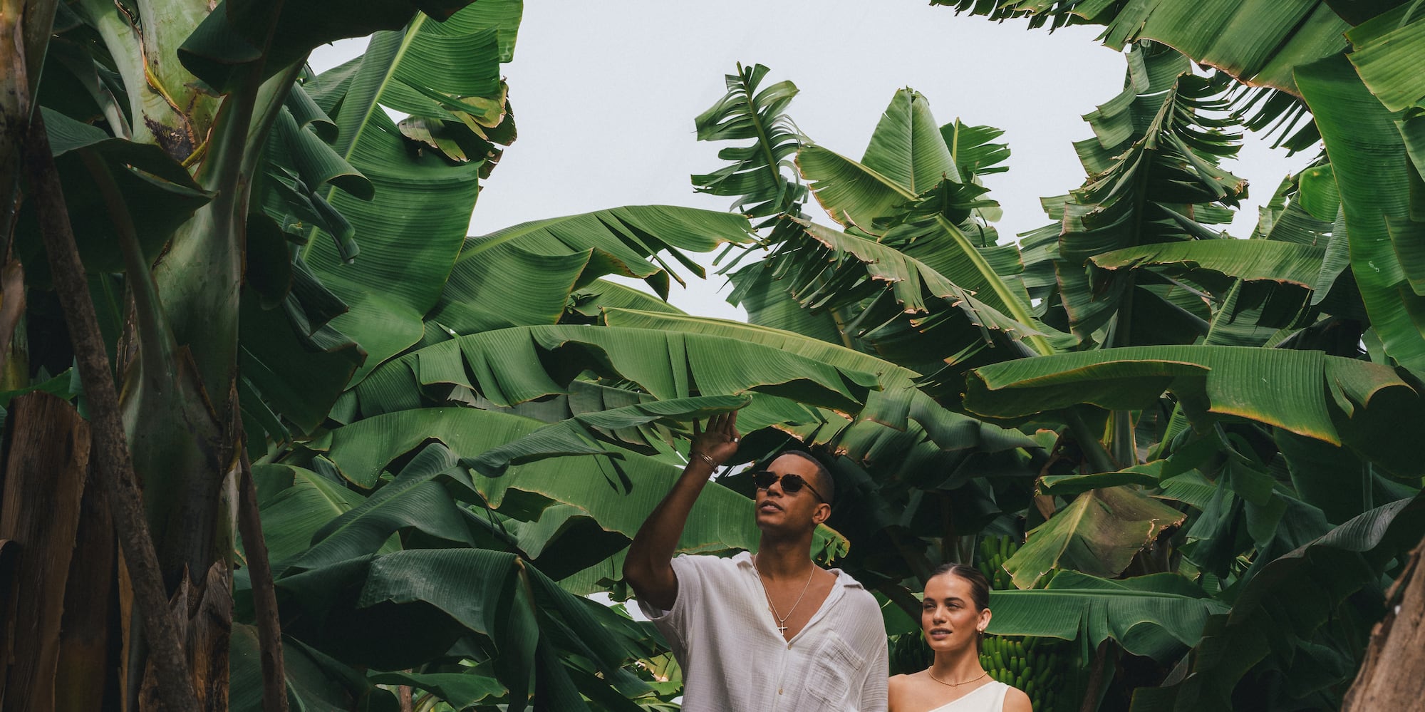a man and woman walking through a tropical forest