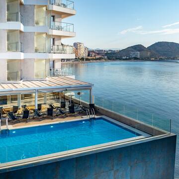 a pool next to a building