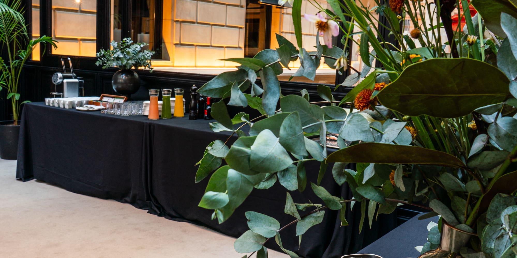 a table with food and flowers