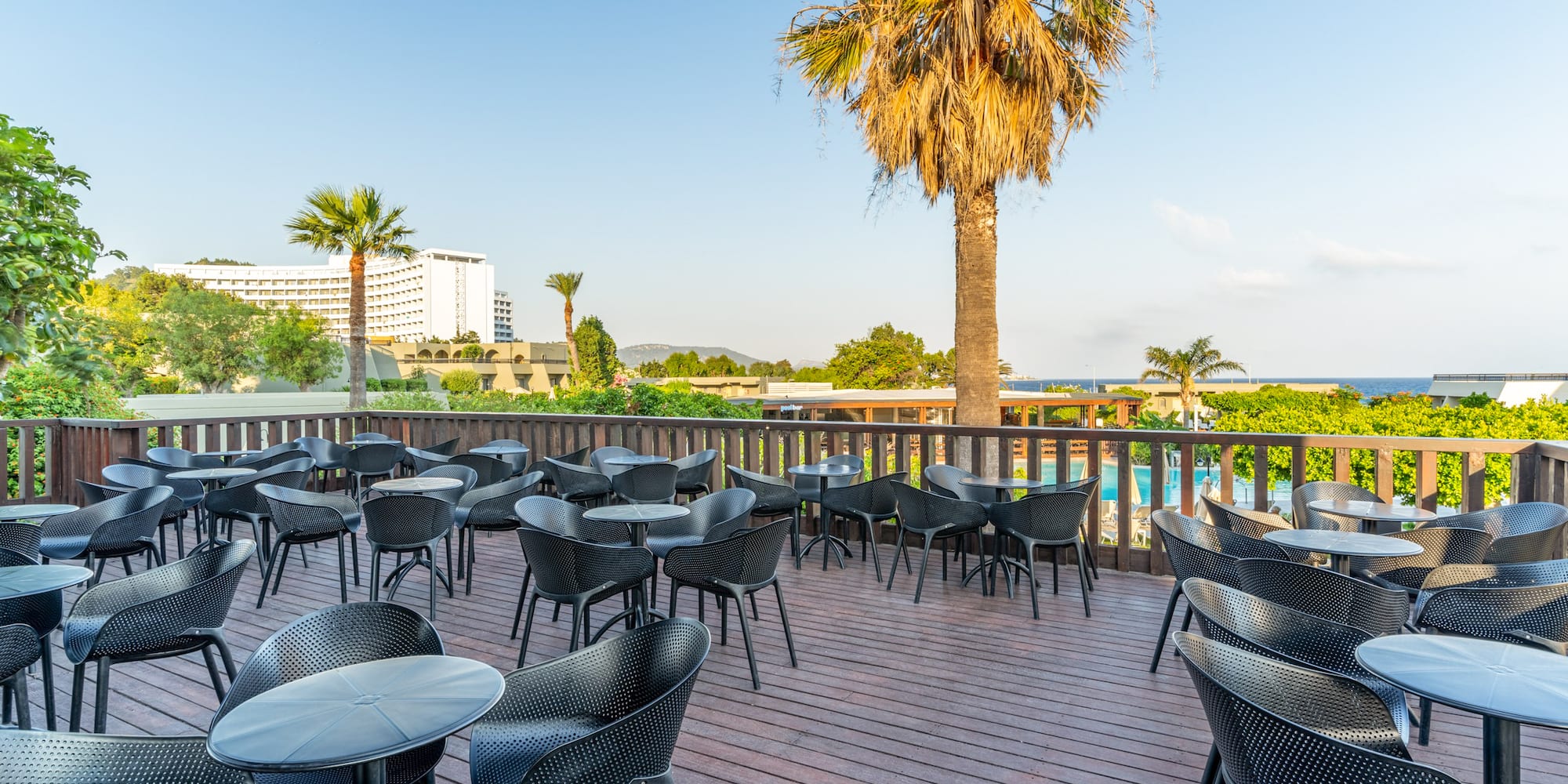 Resort terrace with black tables, chairs, palm trees, and sea view.