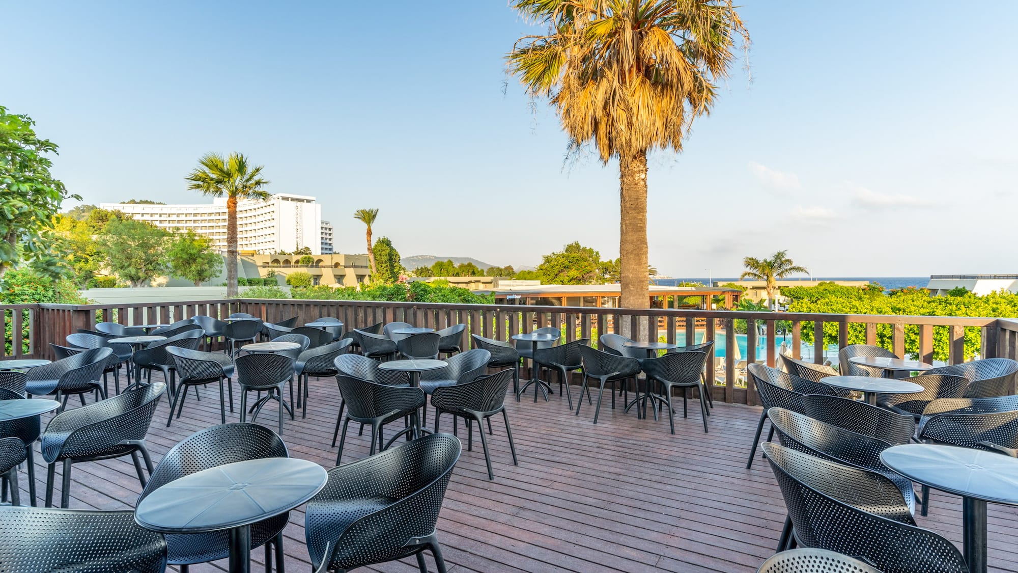 Resort terrace with black tables, chairs, palm trees, and sea view.