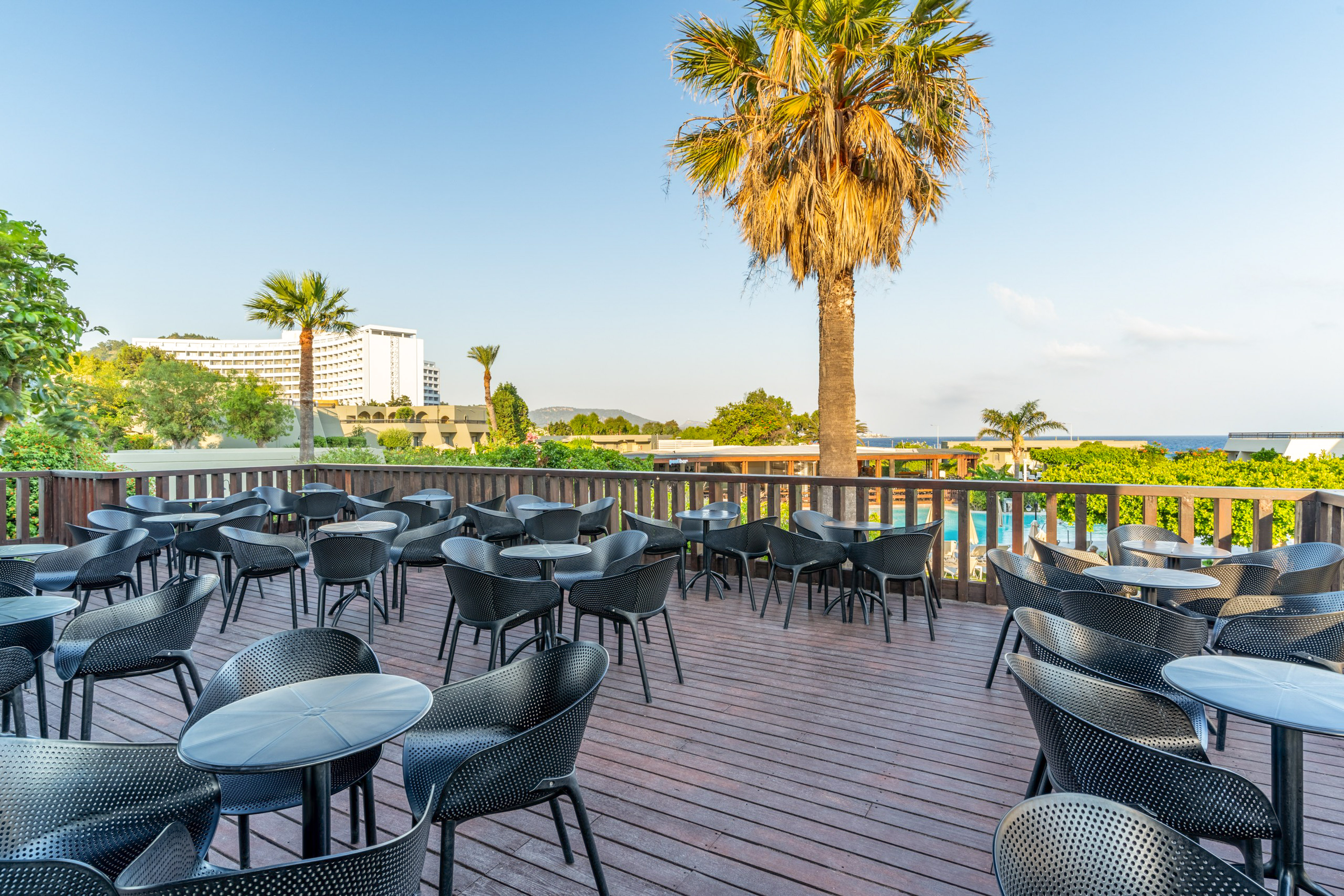 Resort terrace with black tables, chairs, palm trees, and sea view.