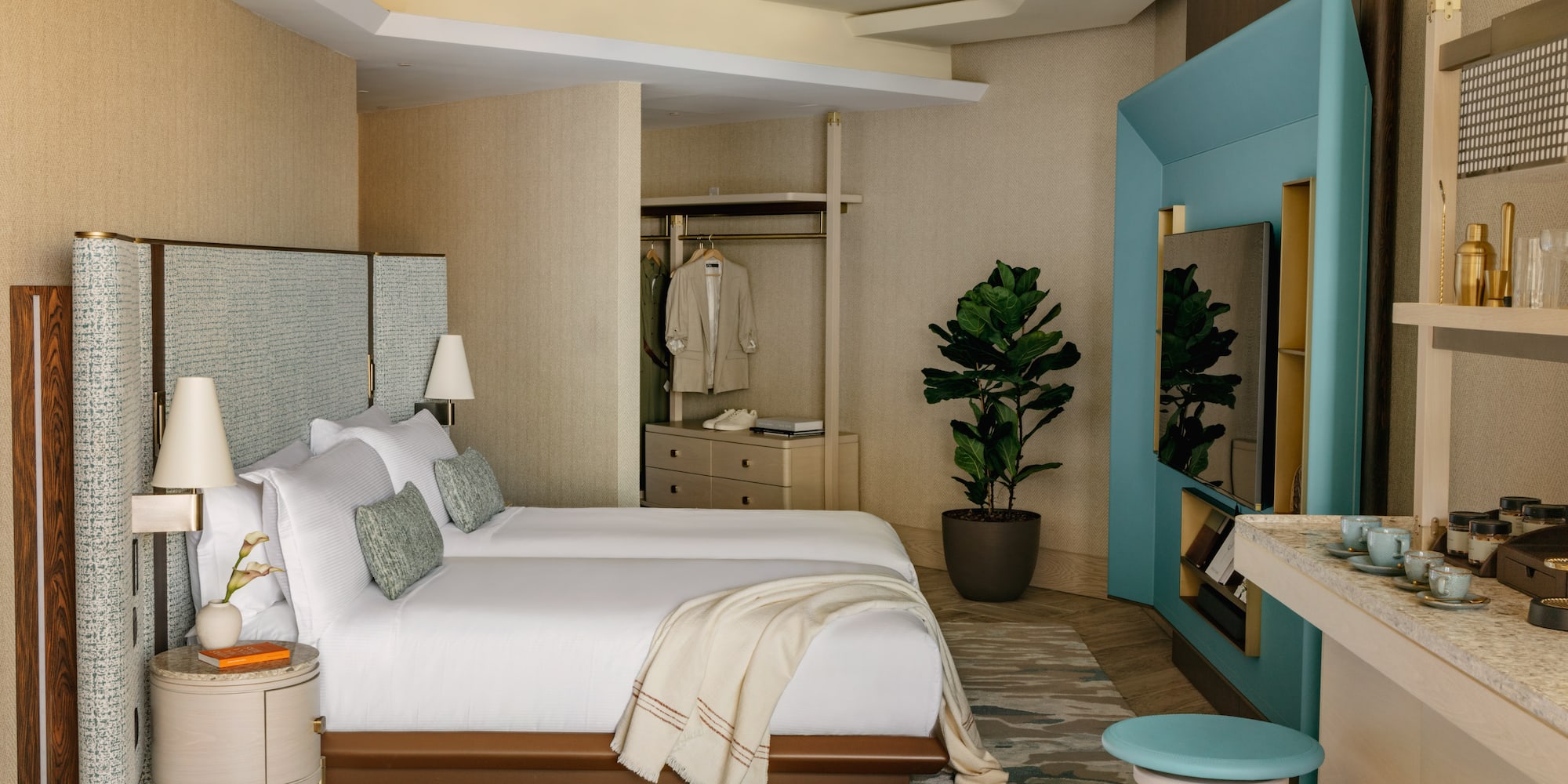 a room with a bed and a mirror