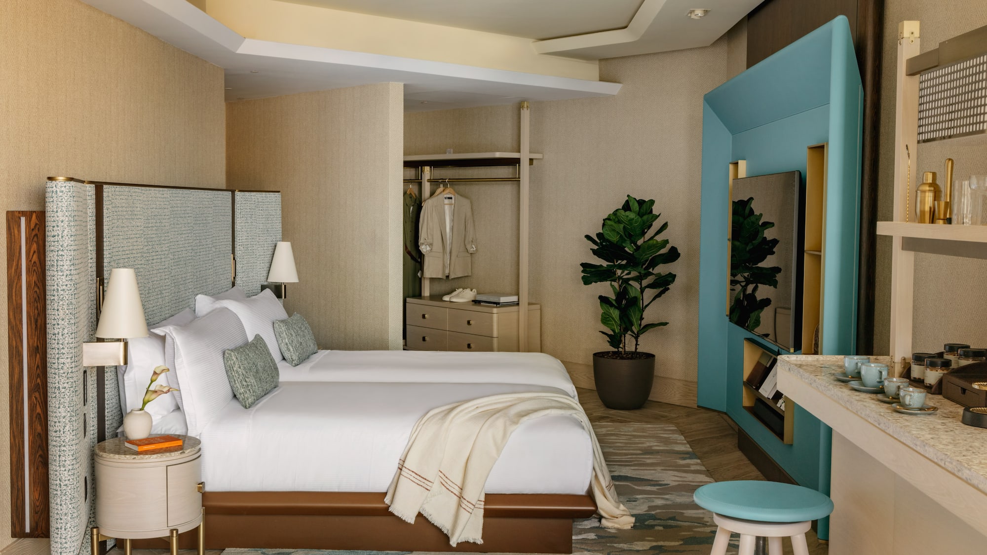 a room with a bed and a mirror