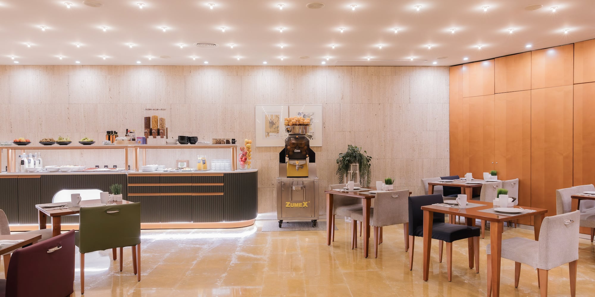 a room with tables and chairs