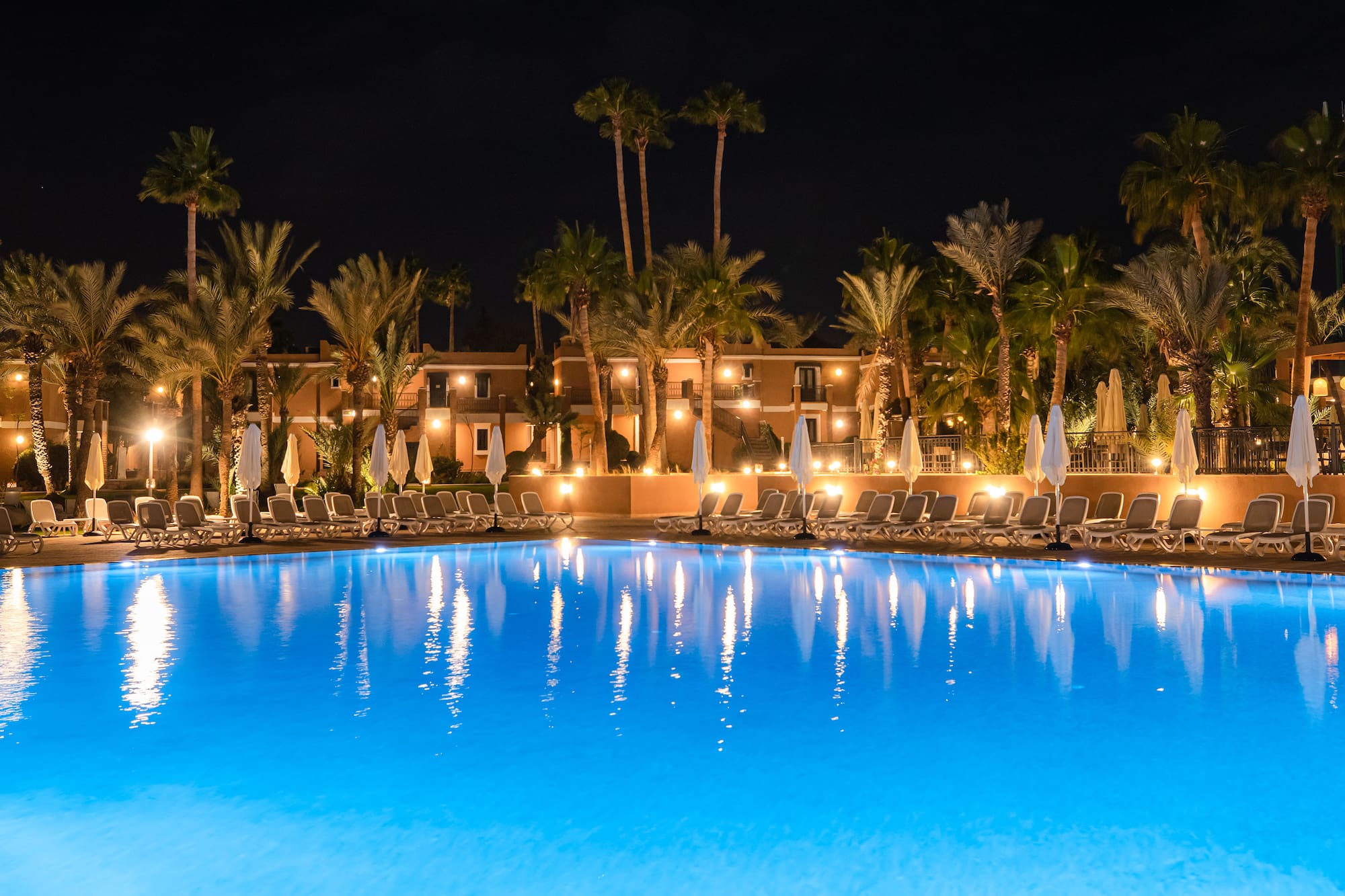 a pool with palm trees and a building in the background