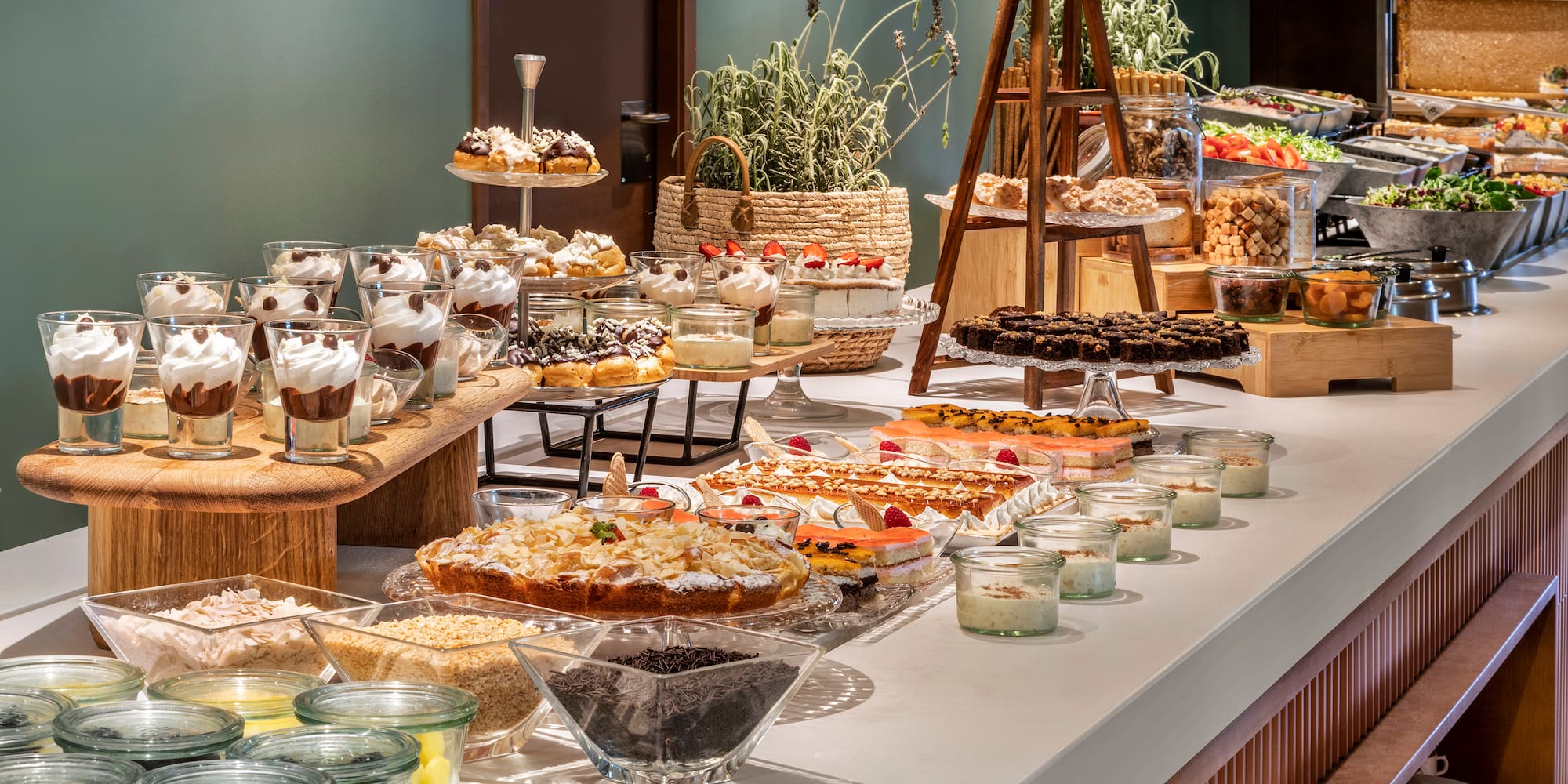 a buffet table with food on it