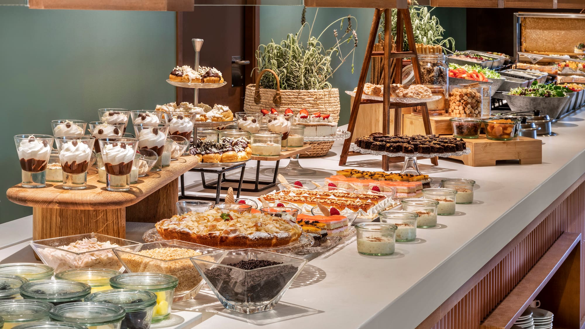a buffet table with food on it
