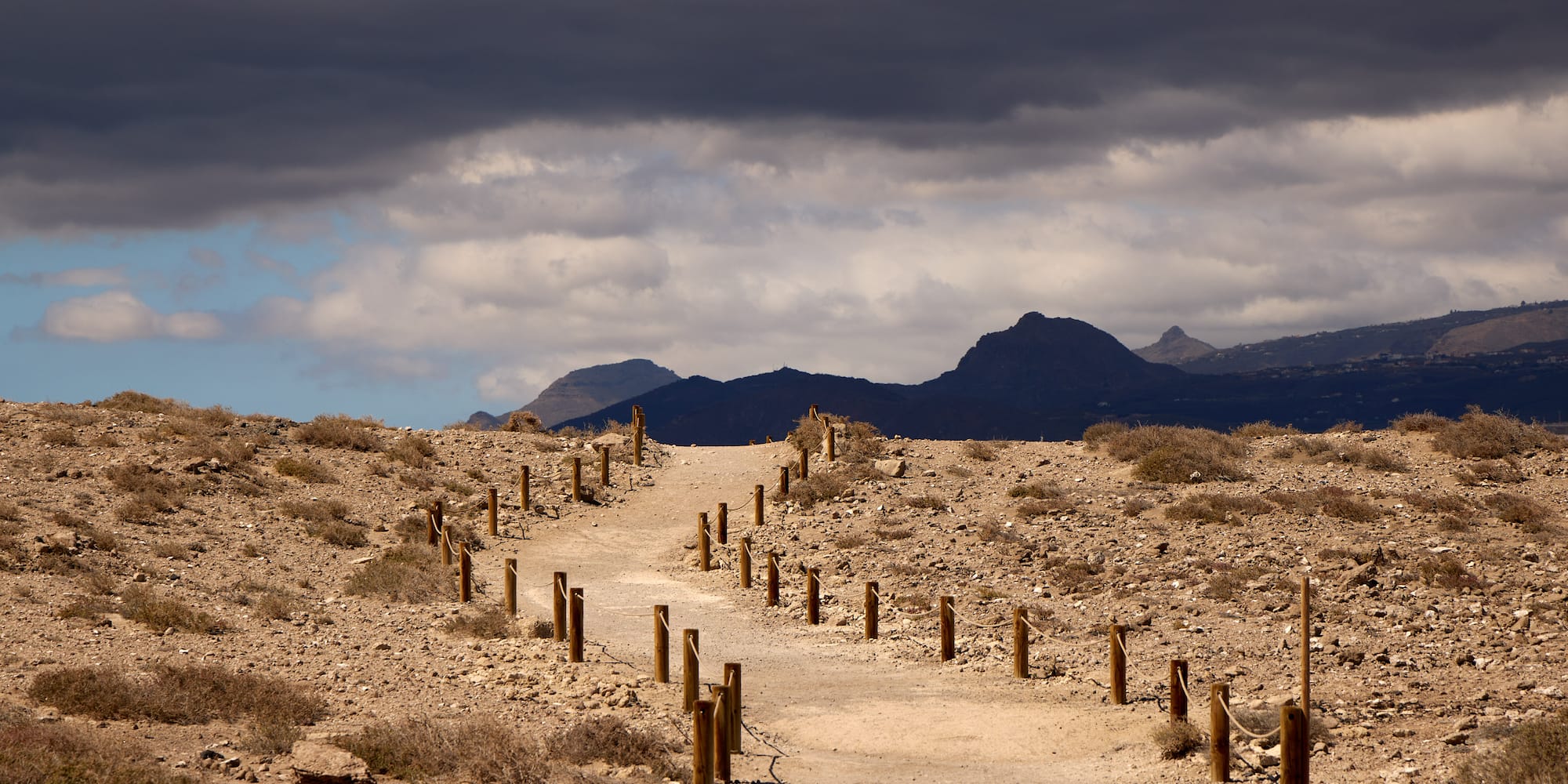 a dirt path with wooden posts and a cloudy sky
