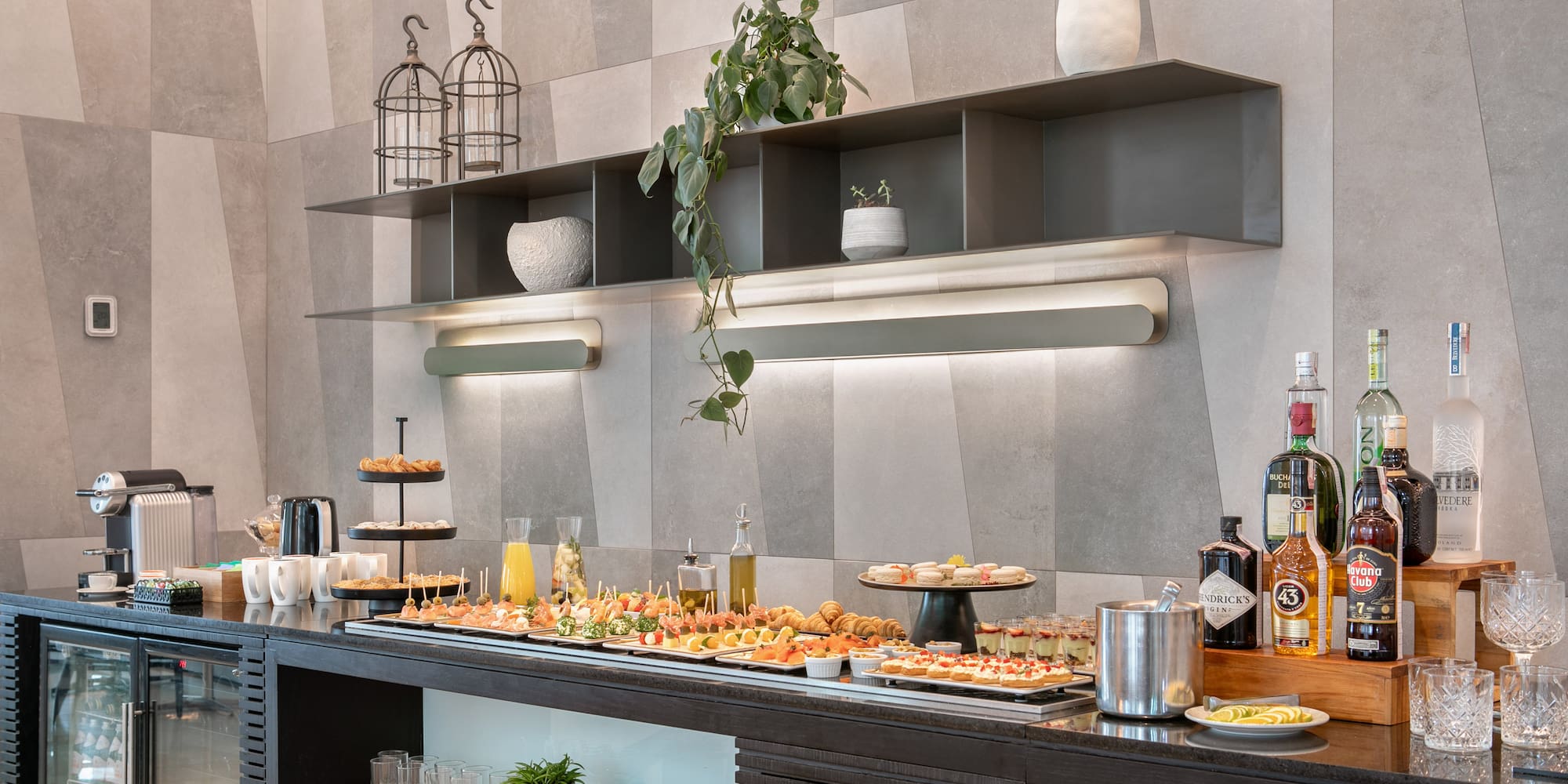 a group of white bowls on a shelf with food in them