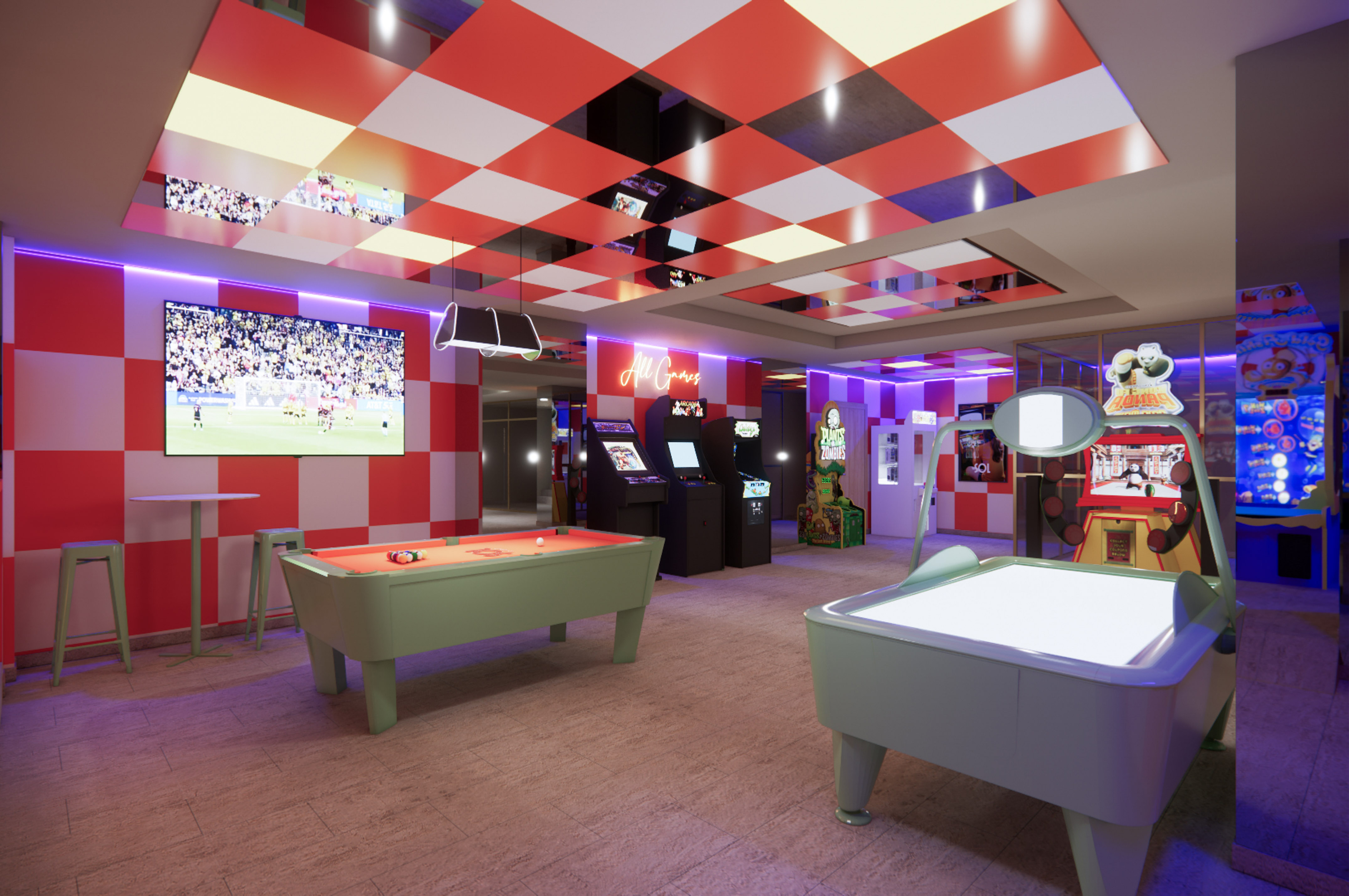 a room with red and white checkered walls and a pool table